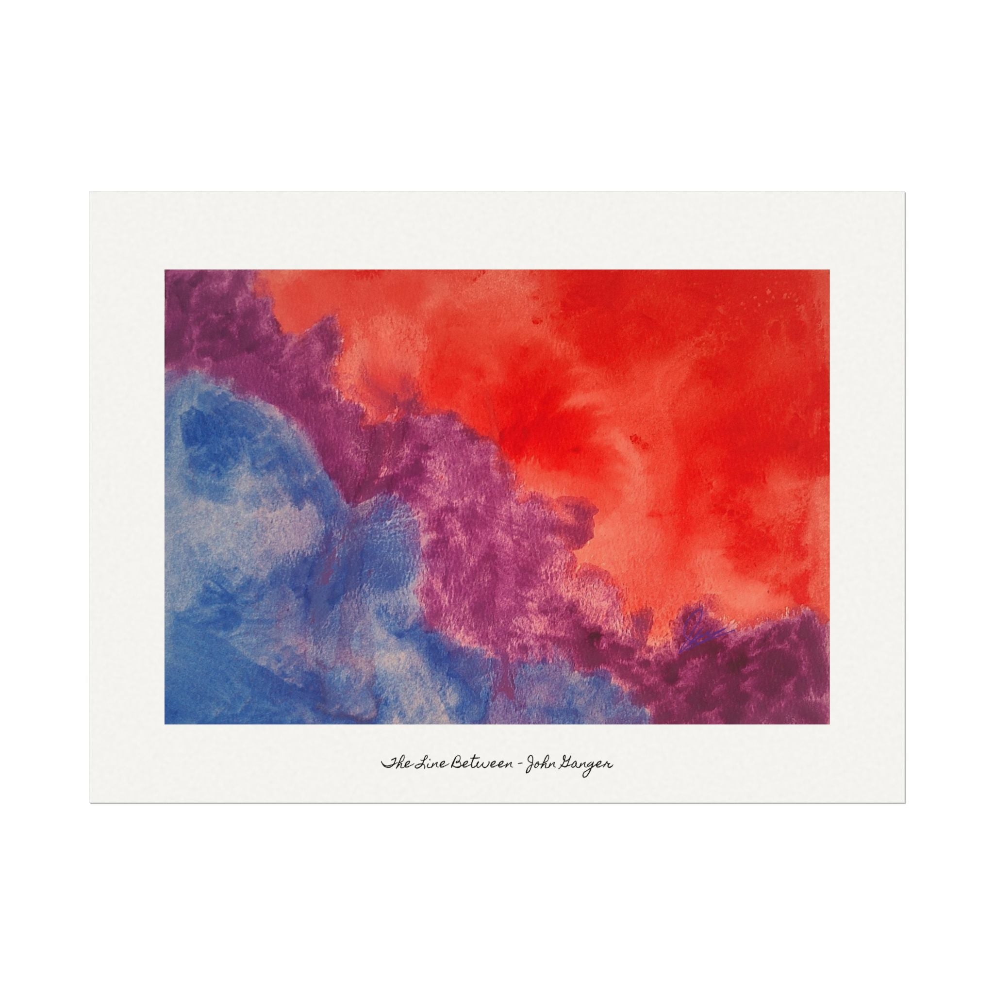 Art print with abstract design in red, blue, and purple on a white background. "The Line Between"
