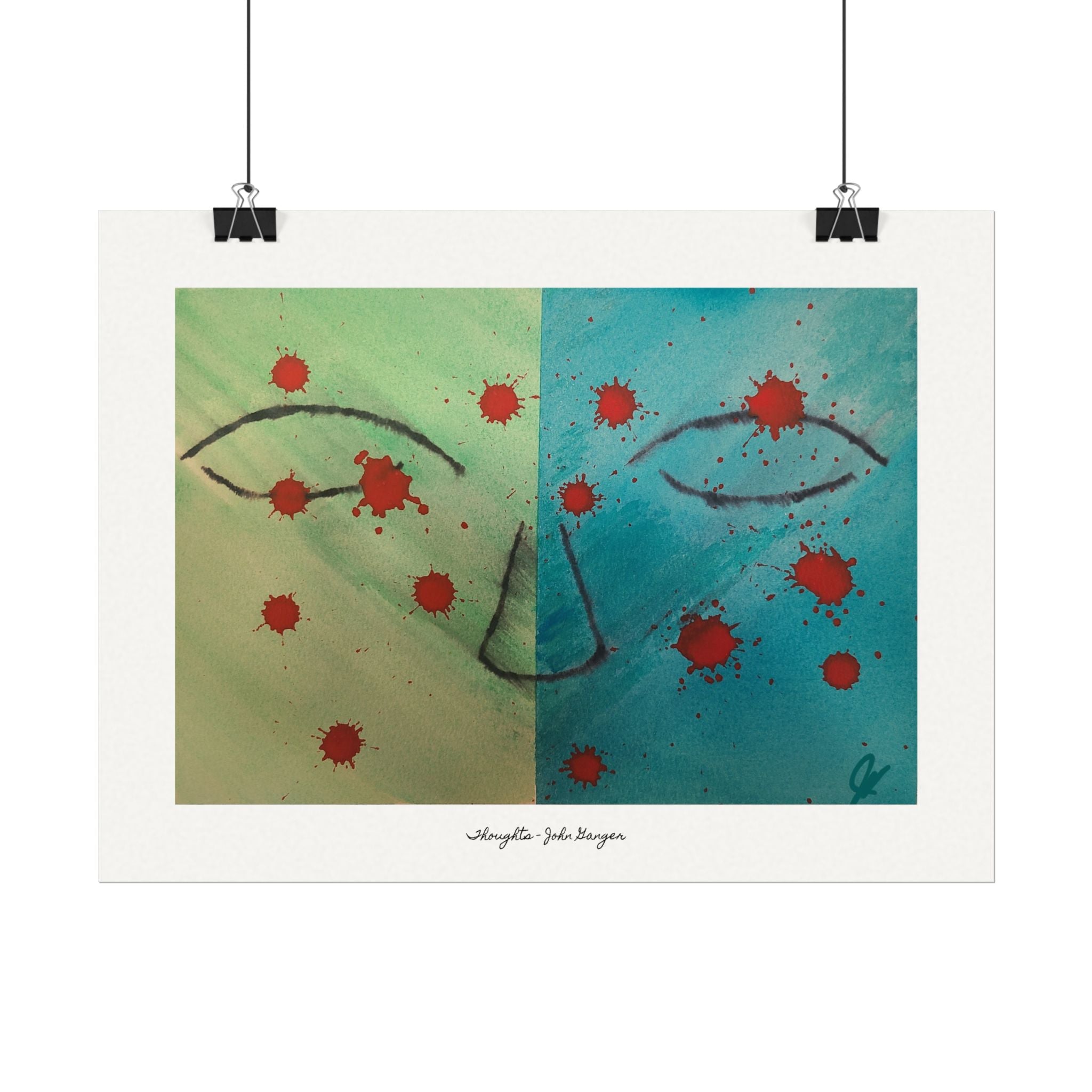 Abstract artwork with red splashes on a white background "Thoughts"