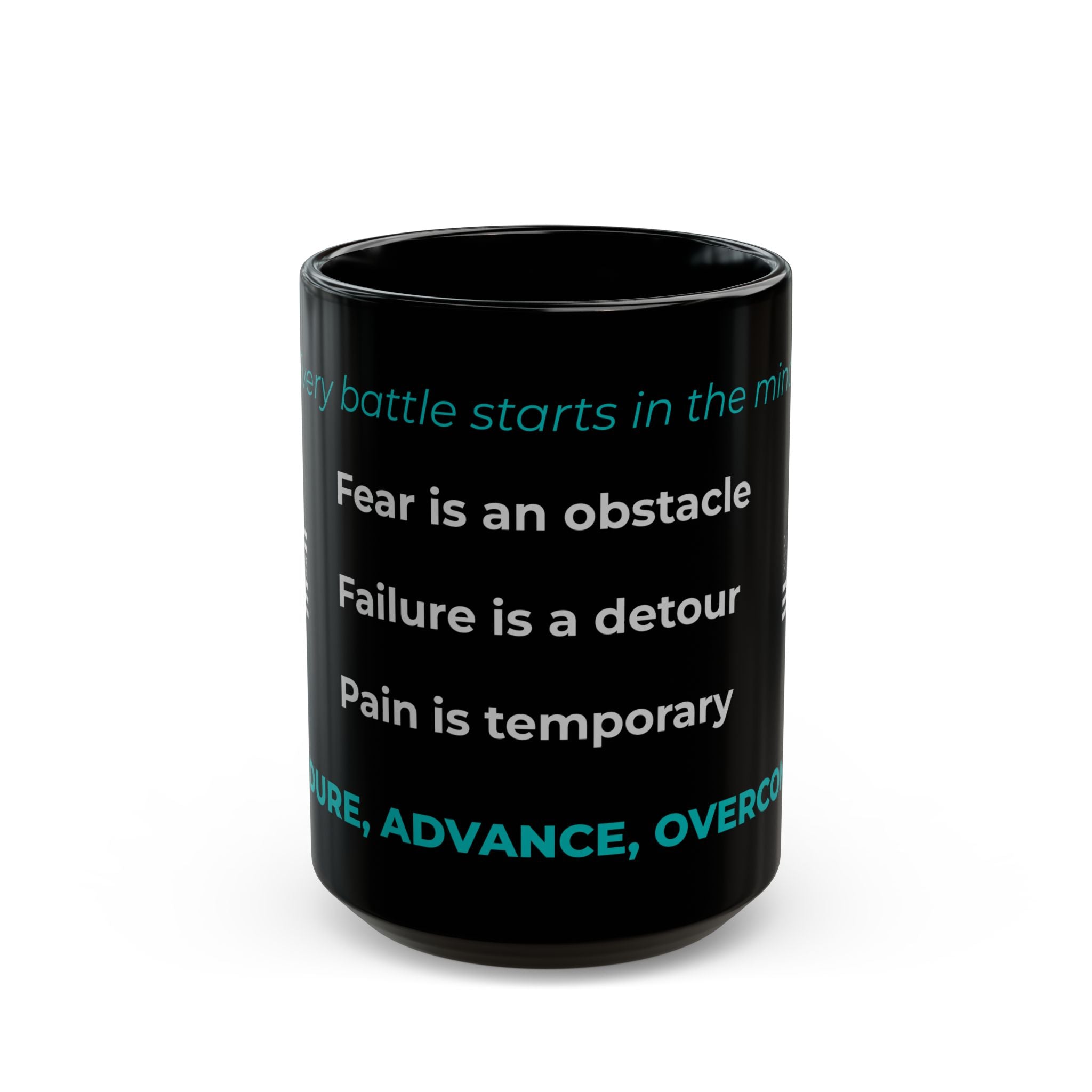 Choose Forward Black Mug — "Endure, Advance, Overcome"