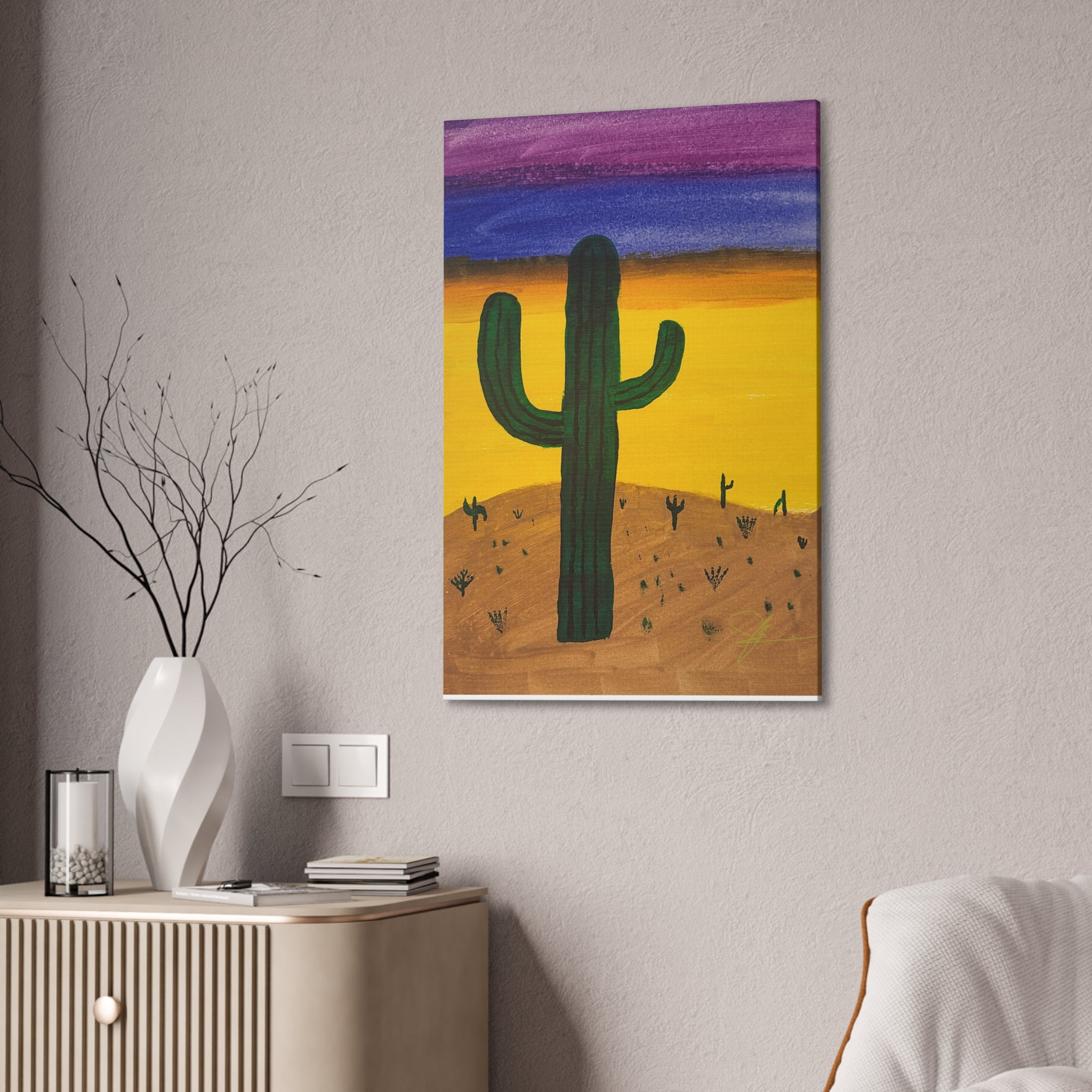 Cactus Desert Sunset Stretched Wall Art - "Alone" - Original Watercolor Print by John