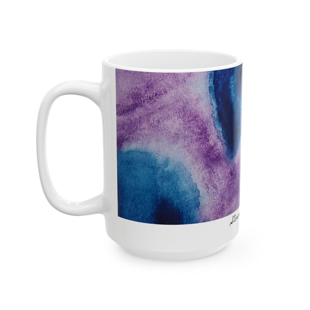 White mug with a purple and blue abstract design on a white background. "Storms of Torment"