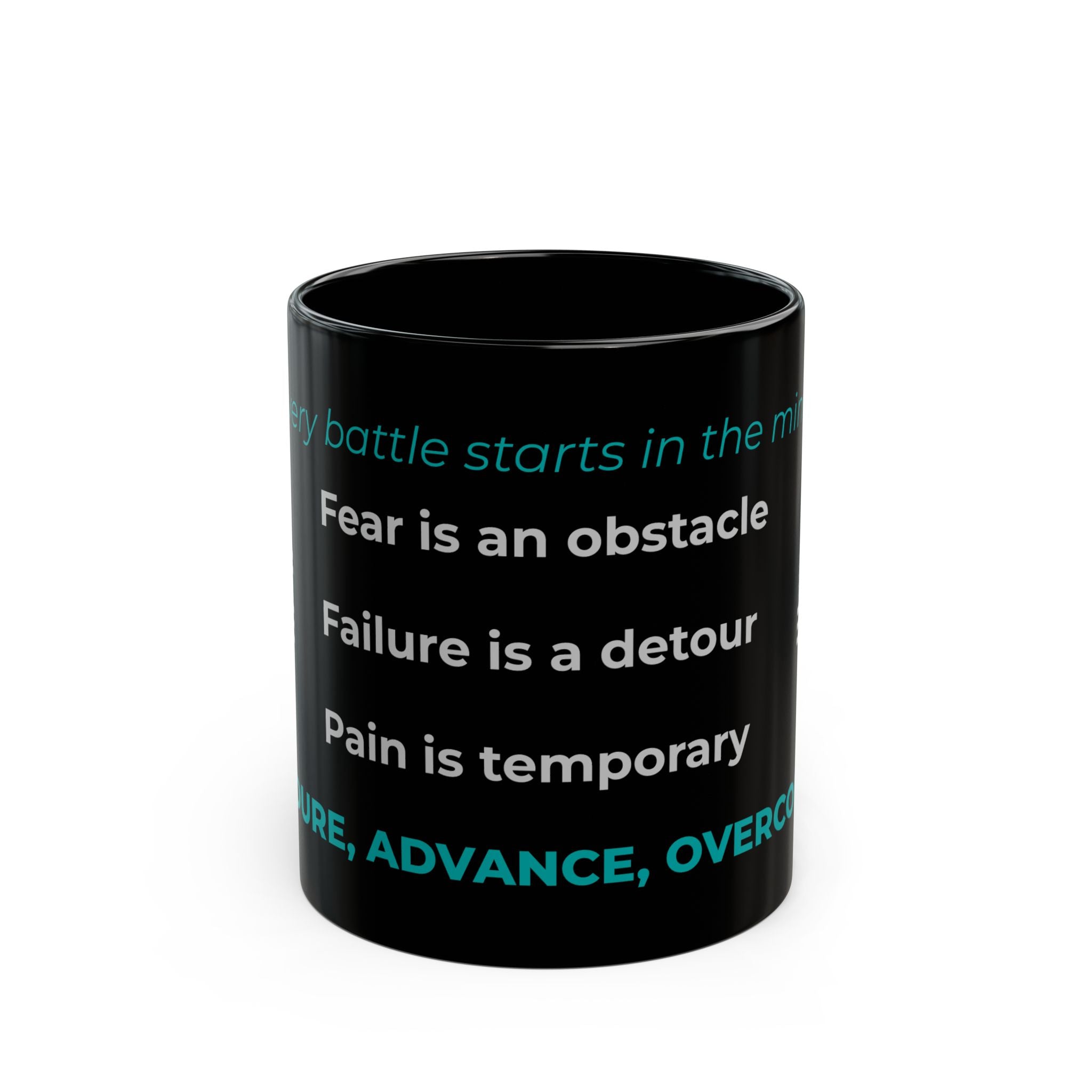 Choose Forward Black Mug — "Endure, Advance, Overcome"