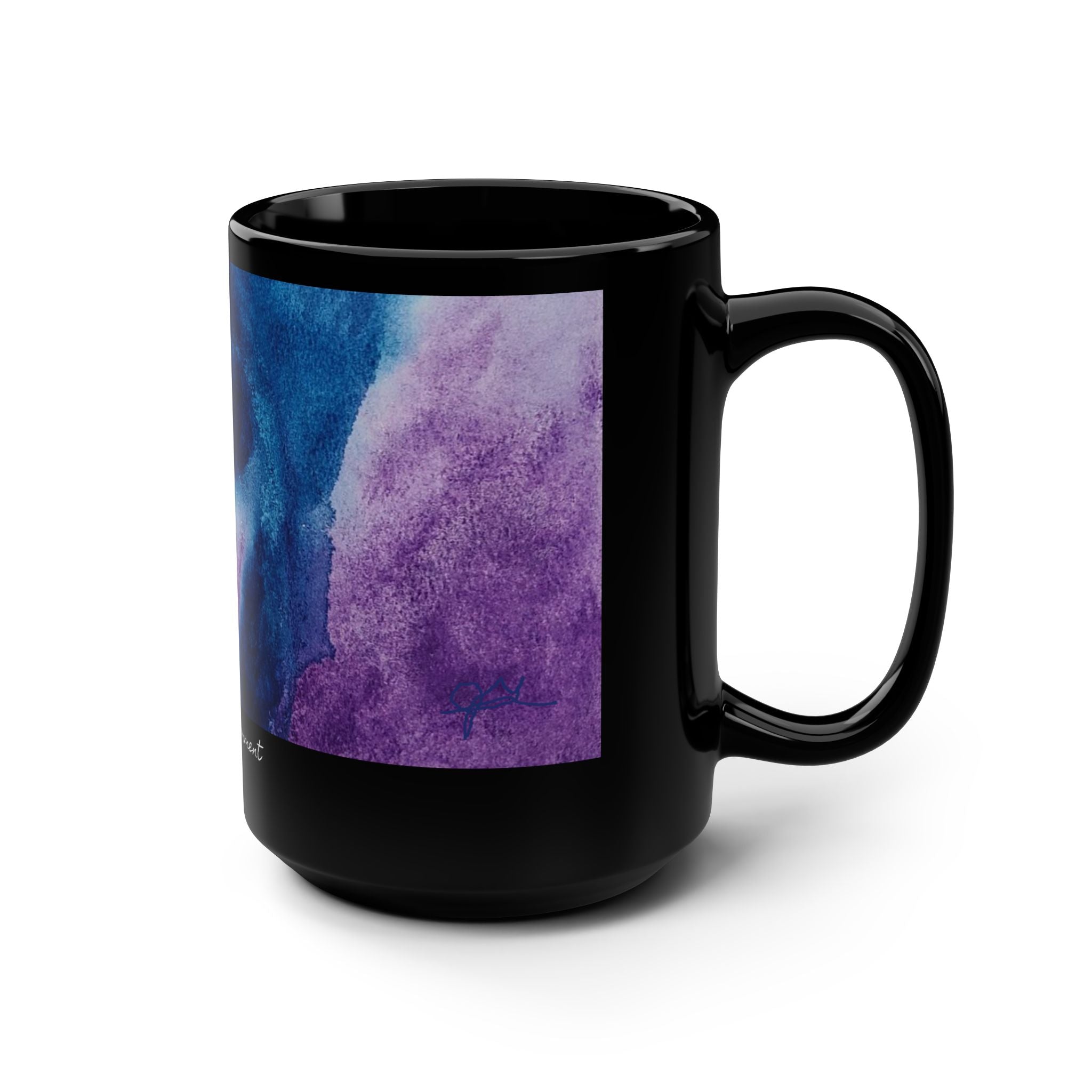 Black mug with a purple and blue abstract design on a white background. "Storms of Torment"