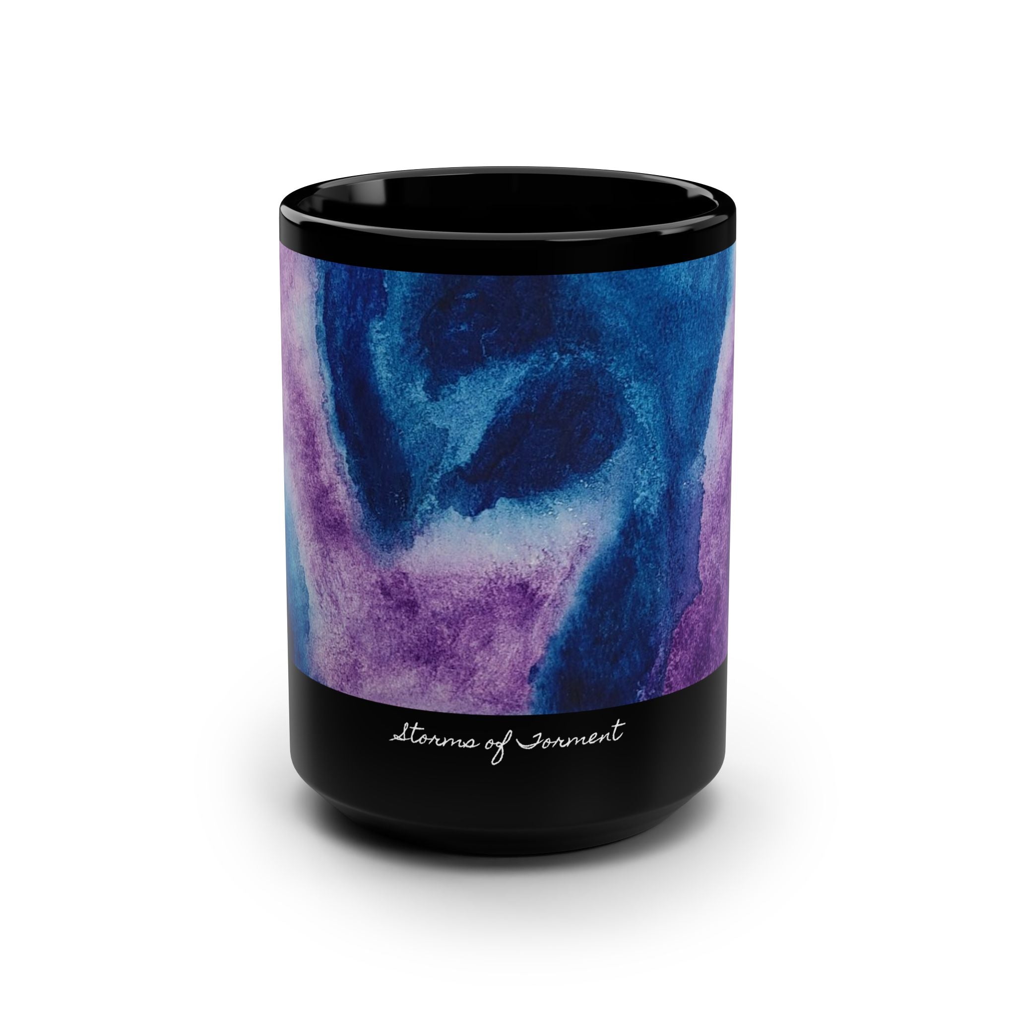 Tumbler with purple and blue abstract design on a white background. "Storms of Torment"
