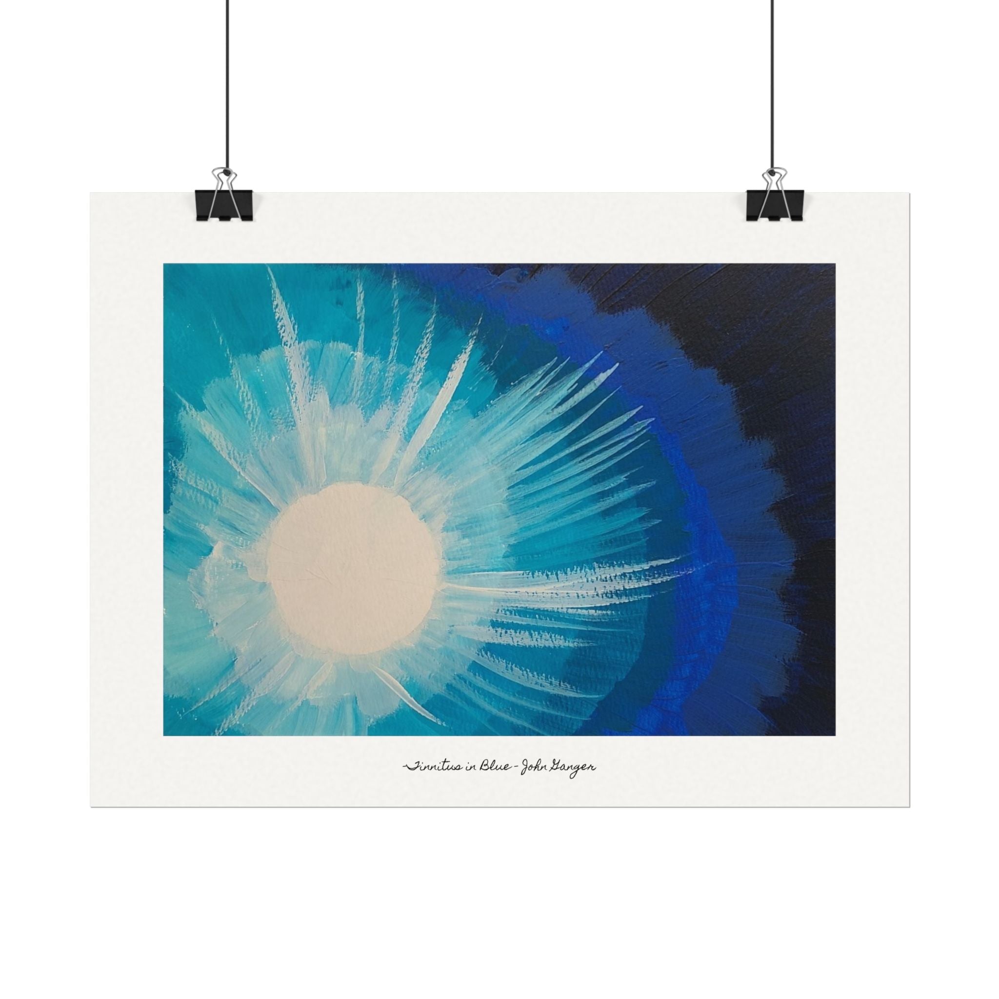 Abstract art print with blue and white design on a white background