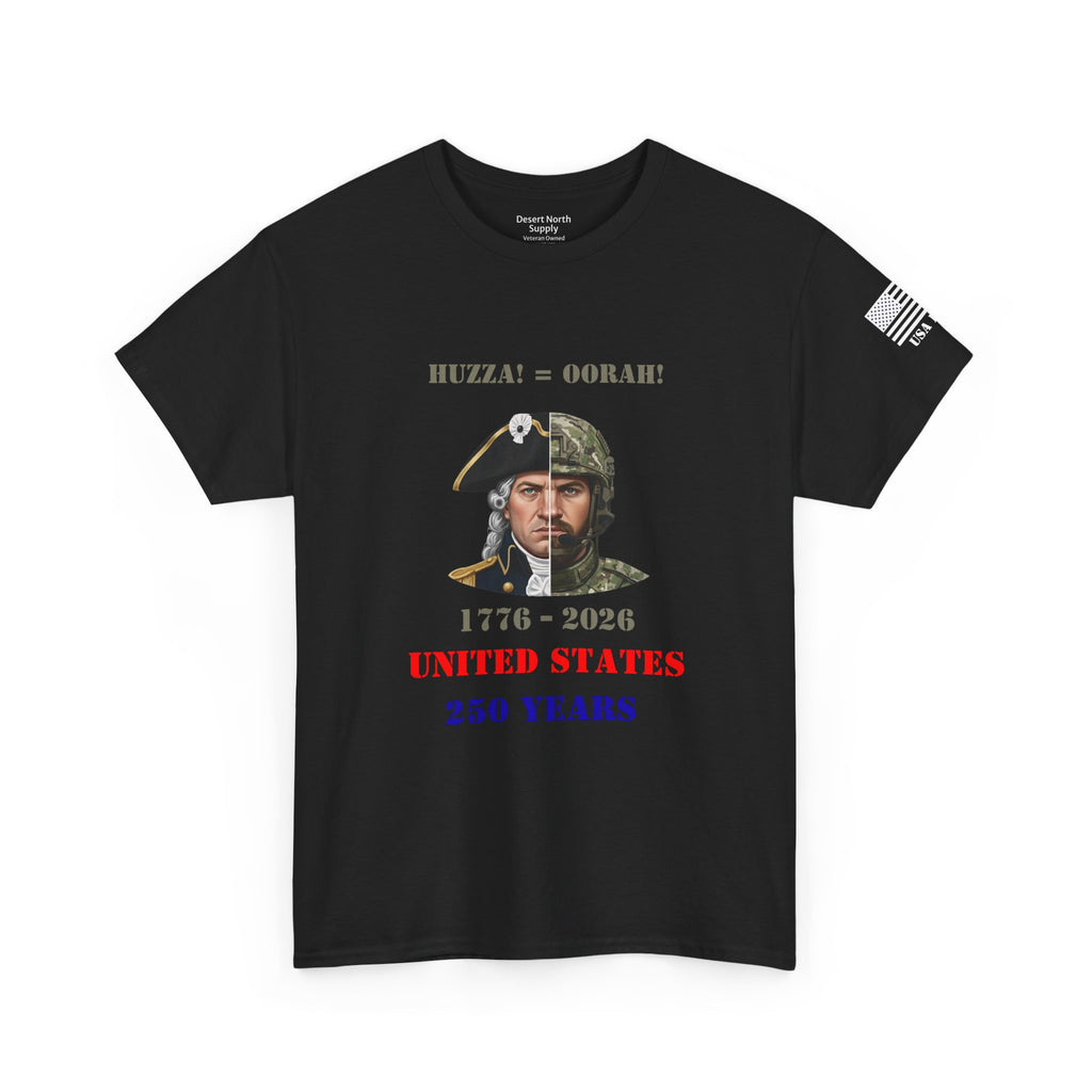 250 Years USA Split Era Military Tee — Revolutionary Soldier & Modern Operator (Huzza to Oorah)