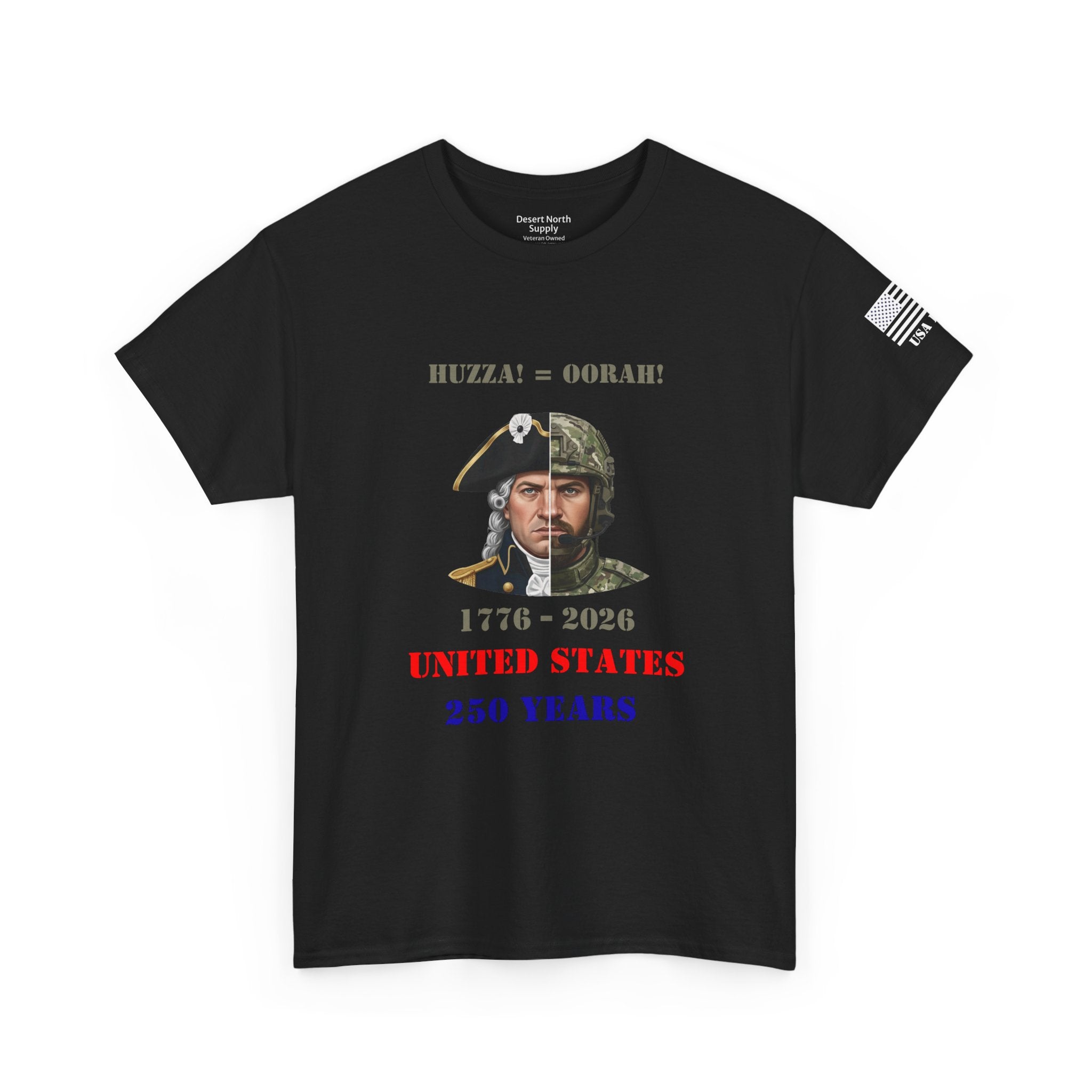 250 Years USA Split Era Military Tee — Revolutionary Soldier & Modern Operator (Huzza to Oorah)