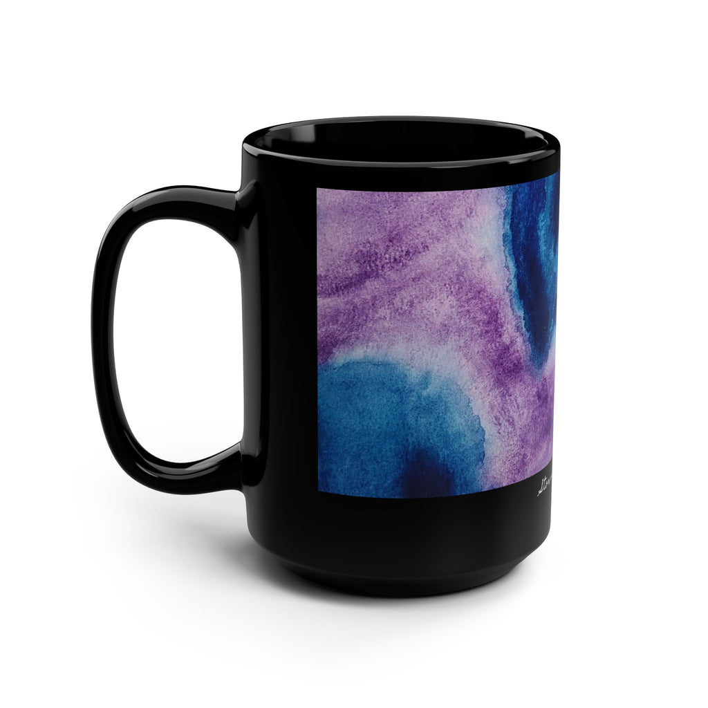 Black mug with a colorful abstract design on a white background. "Storms of Torment"