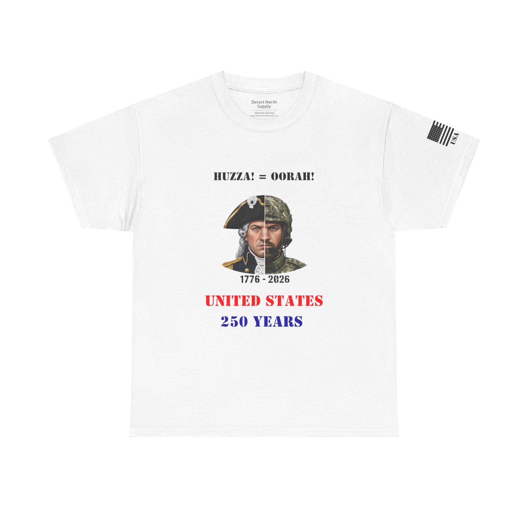 250 Years USA Split Era Military Tee — Revolutionary Soldier & Modern Operator (Huzza to Oorah)