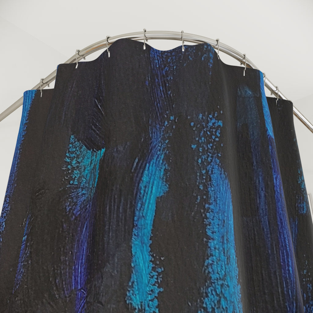Blue Abstract Brushstroke Shower Curtain — Dark Teal & Navy Bath Decor