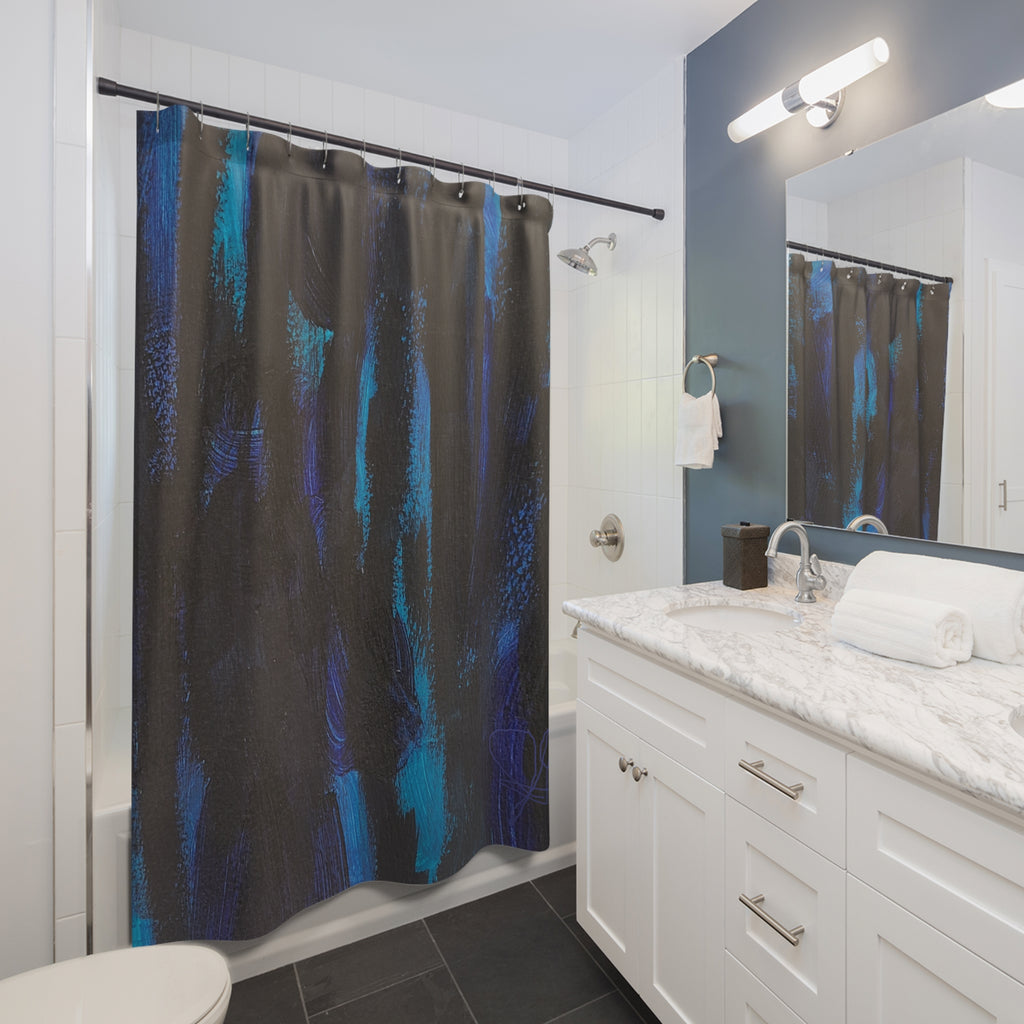 Blue Abstract Brushstroke Shower Curtain — Dark Teal & Navy Bath Decor