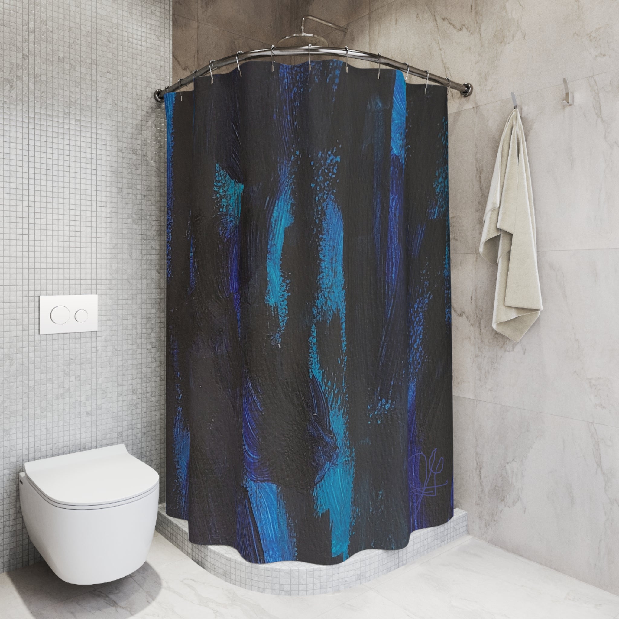Blue Abstract Brushstroke Shower Curtain — Dark Teal & Navy Bath Decor