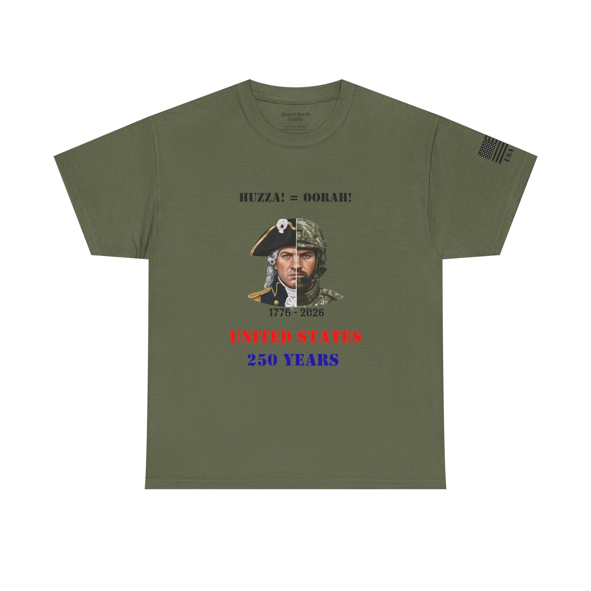 250 Years USA Split Era Military Tee — Revolutionary Soldier & Modern Operator (Huzza to Oorah)