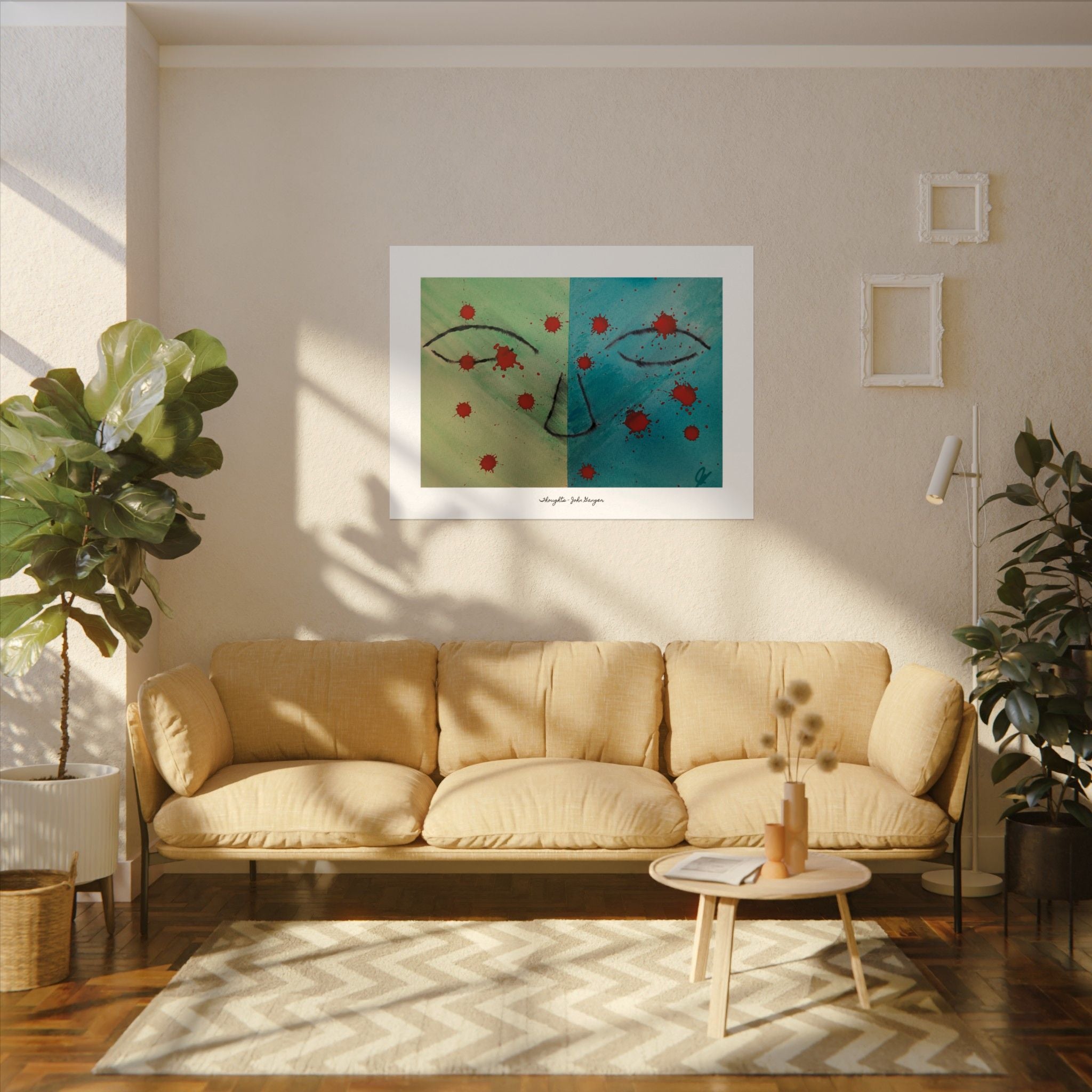 Living room with beige sofa, abstract art on the wall, and plants. "Thoughts"
