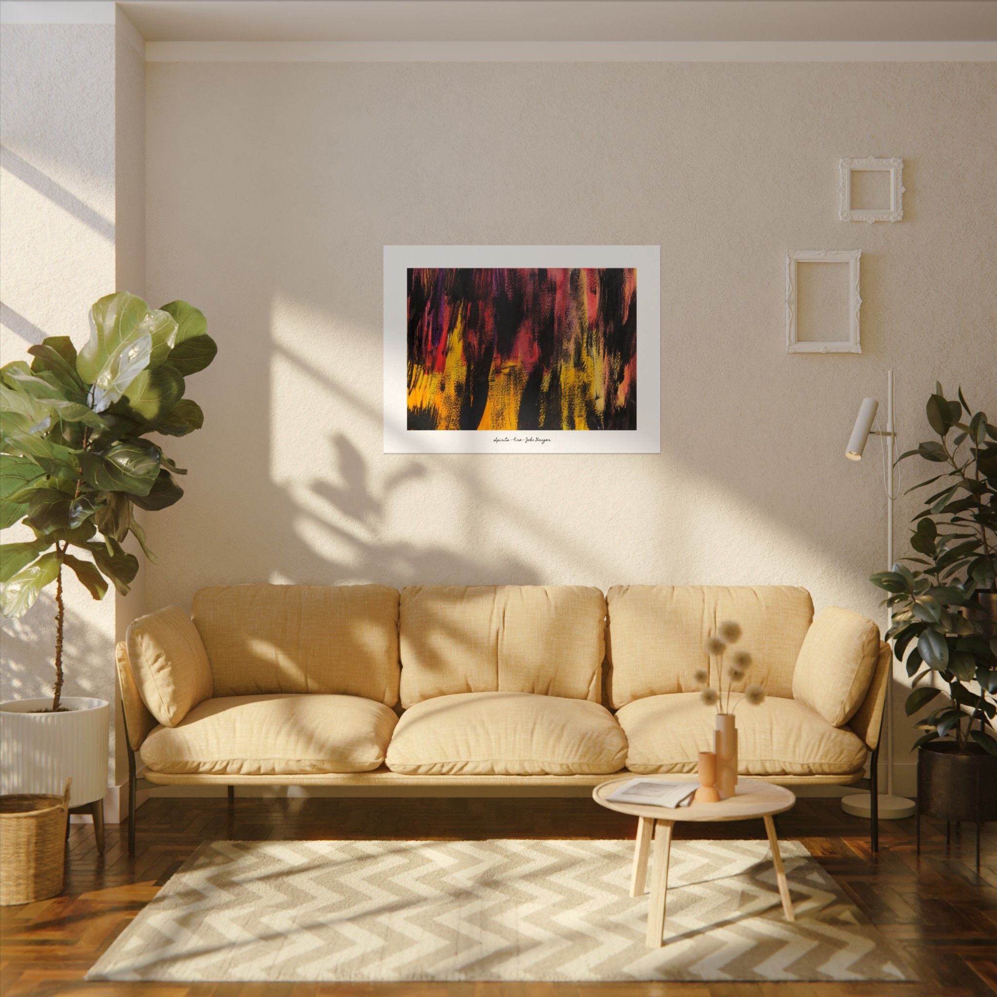 Living room with beige sofa, coffee table, and wall art