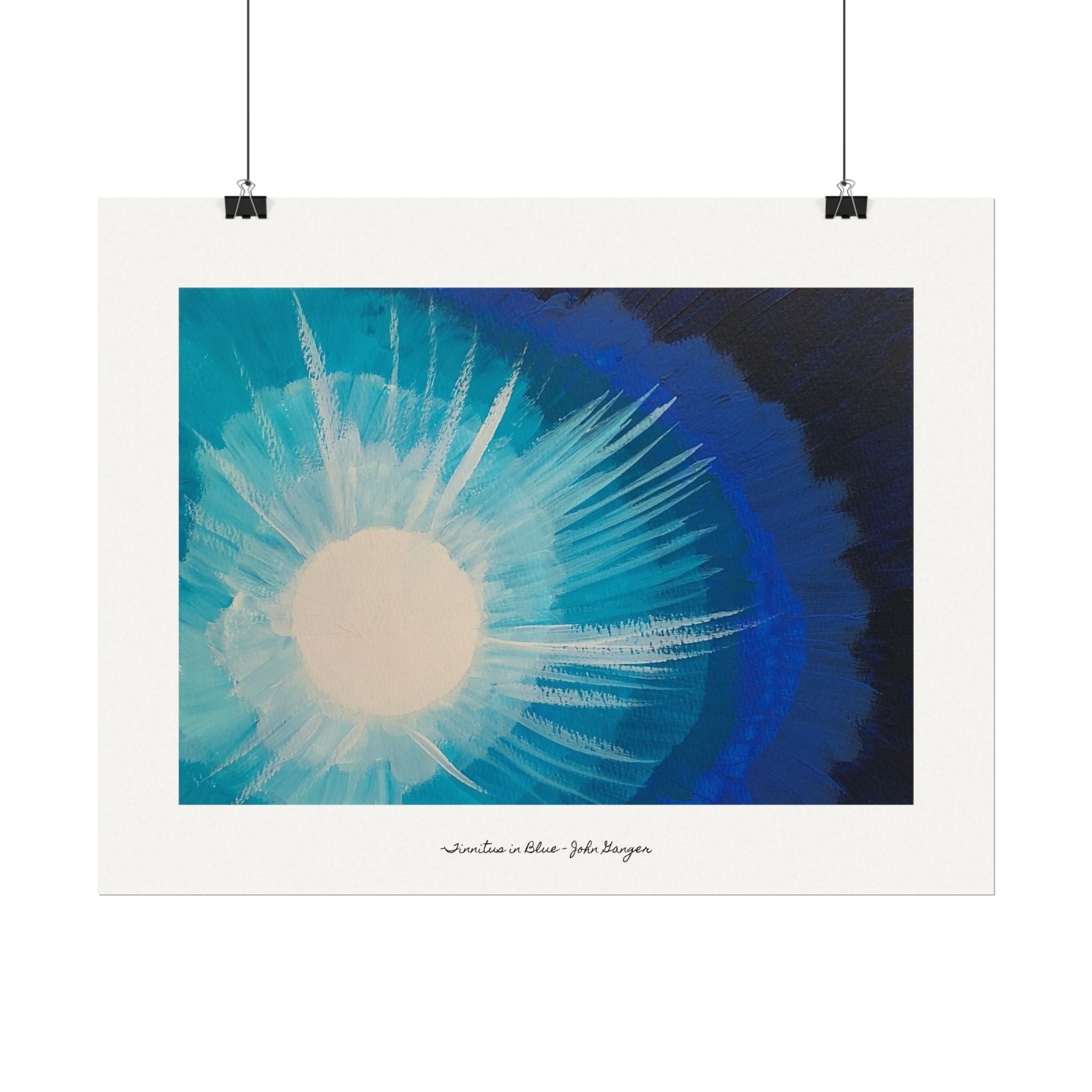 Abstract art print with a blue and white design on a white background