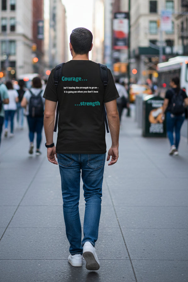 Black t-shirt with motivational quote on a white background