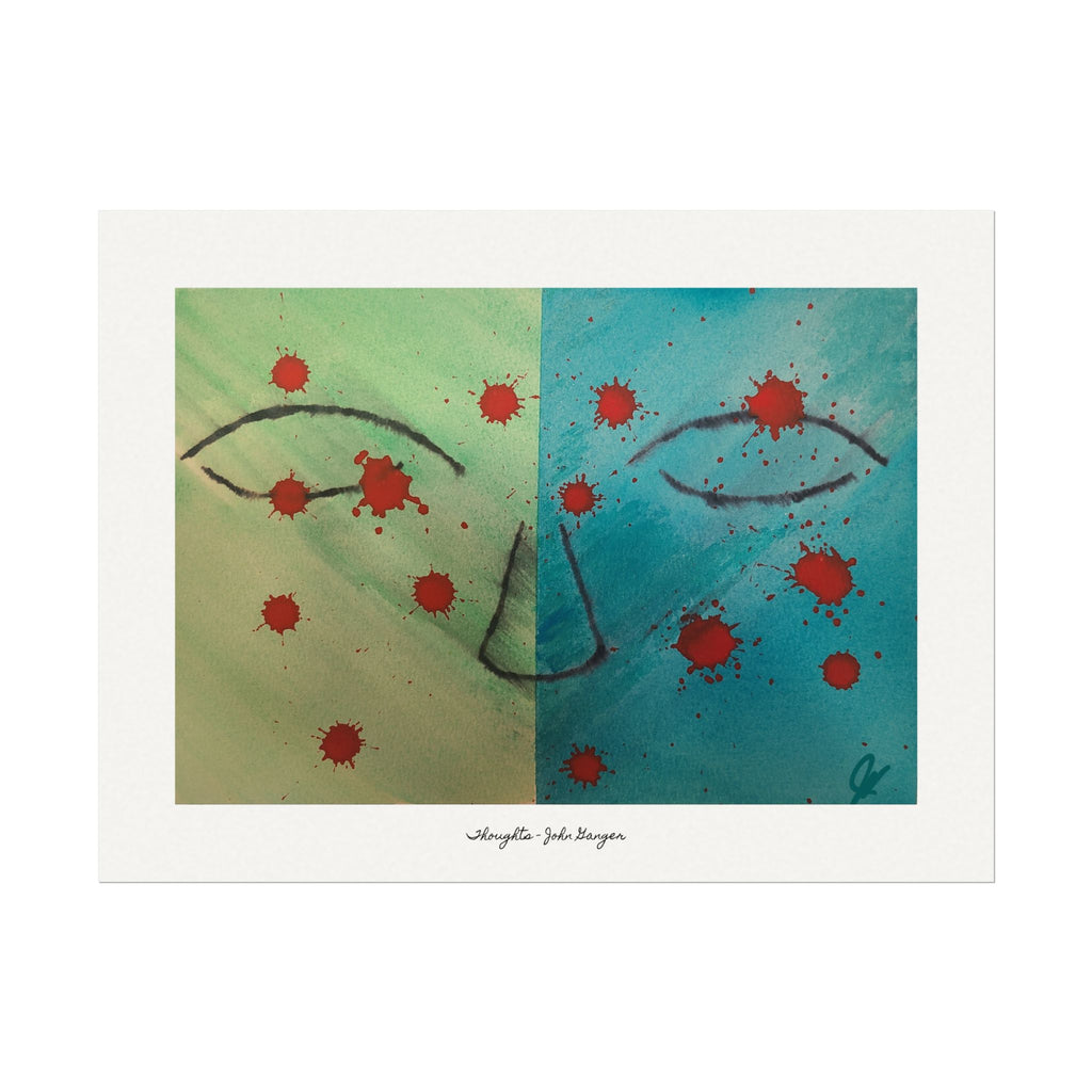 Abstract artwork with red dots on a green and blue background "Thoughts"