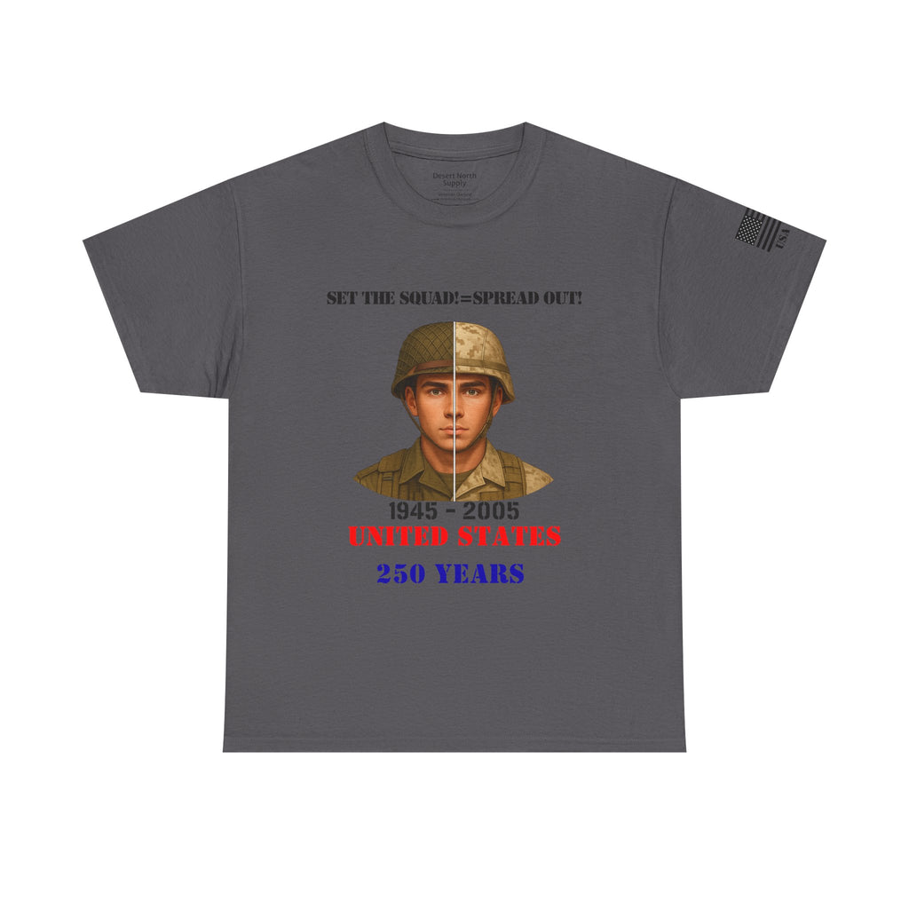United States 250 Years Shirt 1945–2005 Split-Era Soldier WWII to Modern Military History T-Shirt