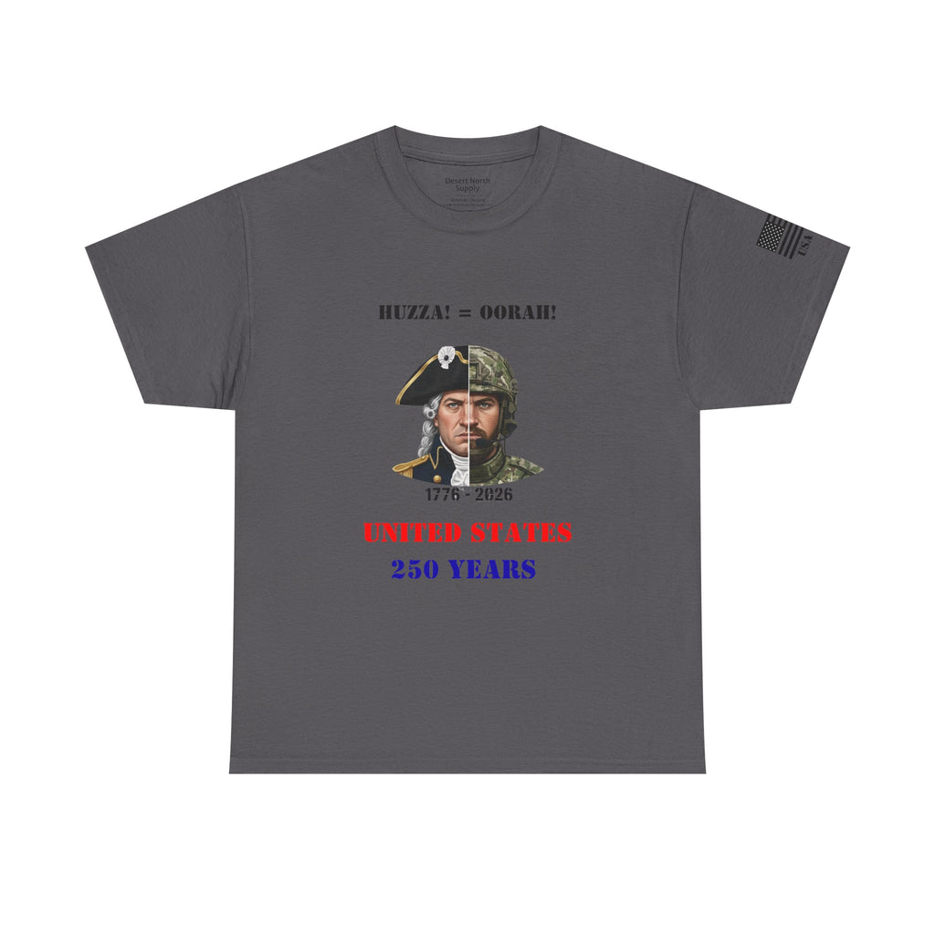 250 Years USA Split Era Military Tee — Revolutionary Soldier & Modern Operator (Huzza to Oorah)