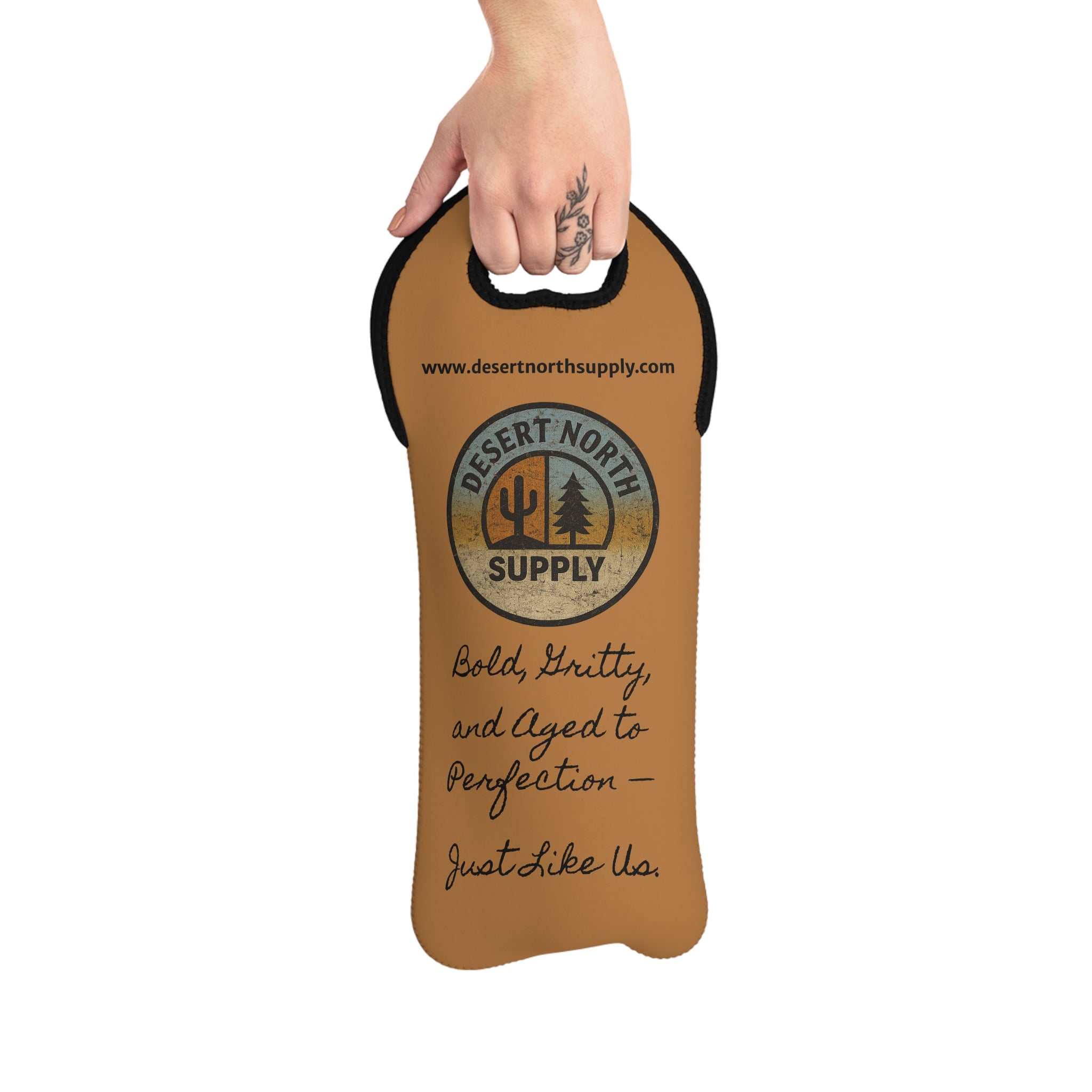Wine Tote Bag - Desert North Supply Logo "Bold, Gritty, and Aged to Perfection" Neoprene Bottle Carrier