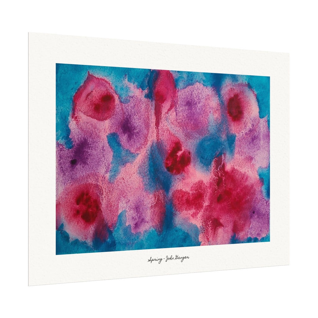 Artistic depiction of pink and red abstract flowers on a blue background "Spring"