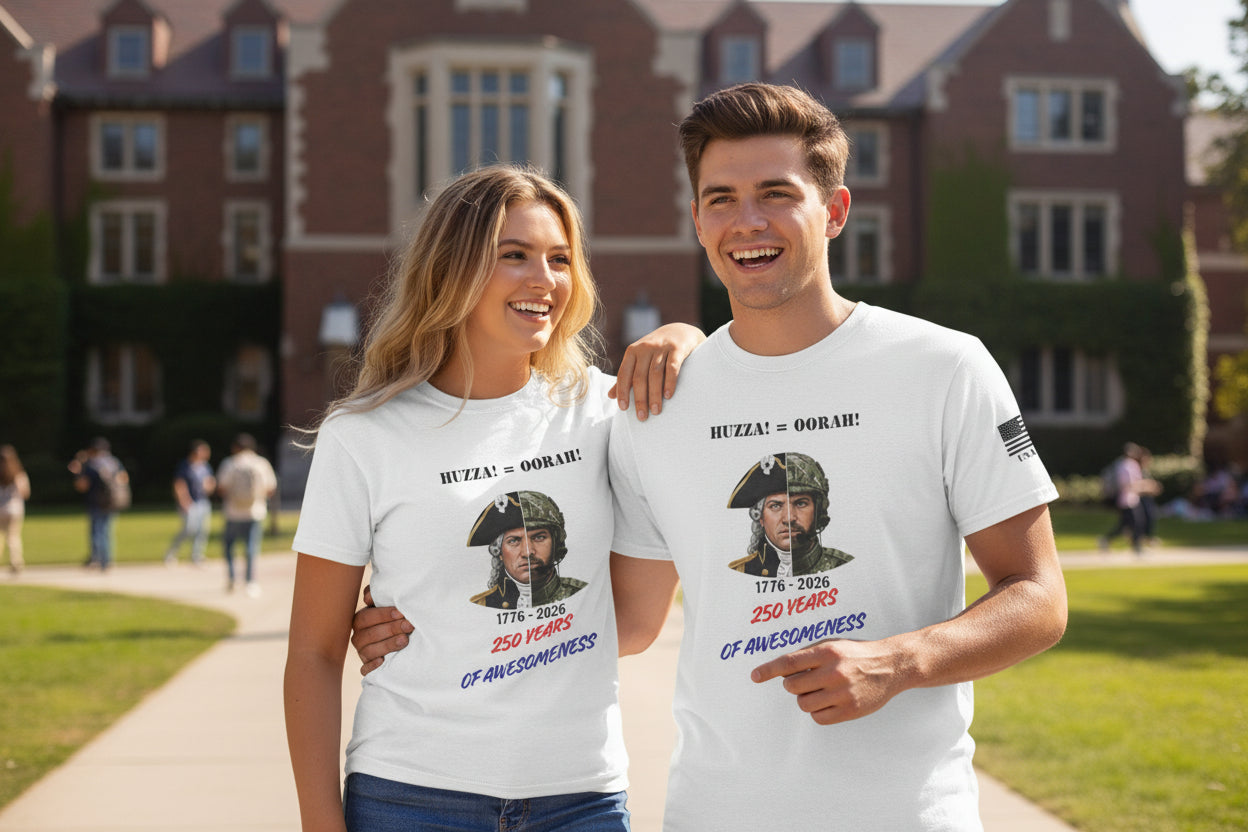 White t-shirt with a graphic design featuring a person in a military uniform and text on a white background