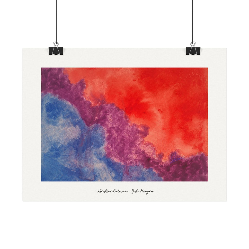 Colorful abstract art print with red, blue, and purple hues on a white background. "The Line Between"