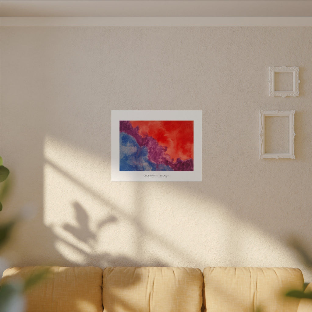 Framed abstract artwork on a wall above a sofa "The Line Between"