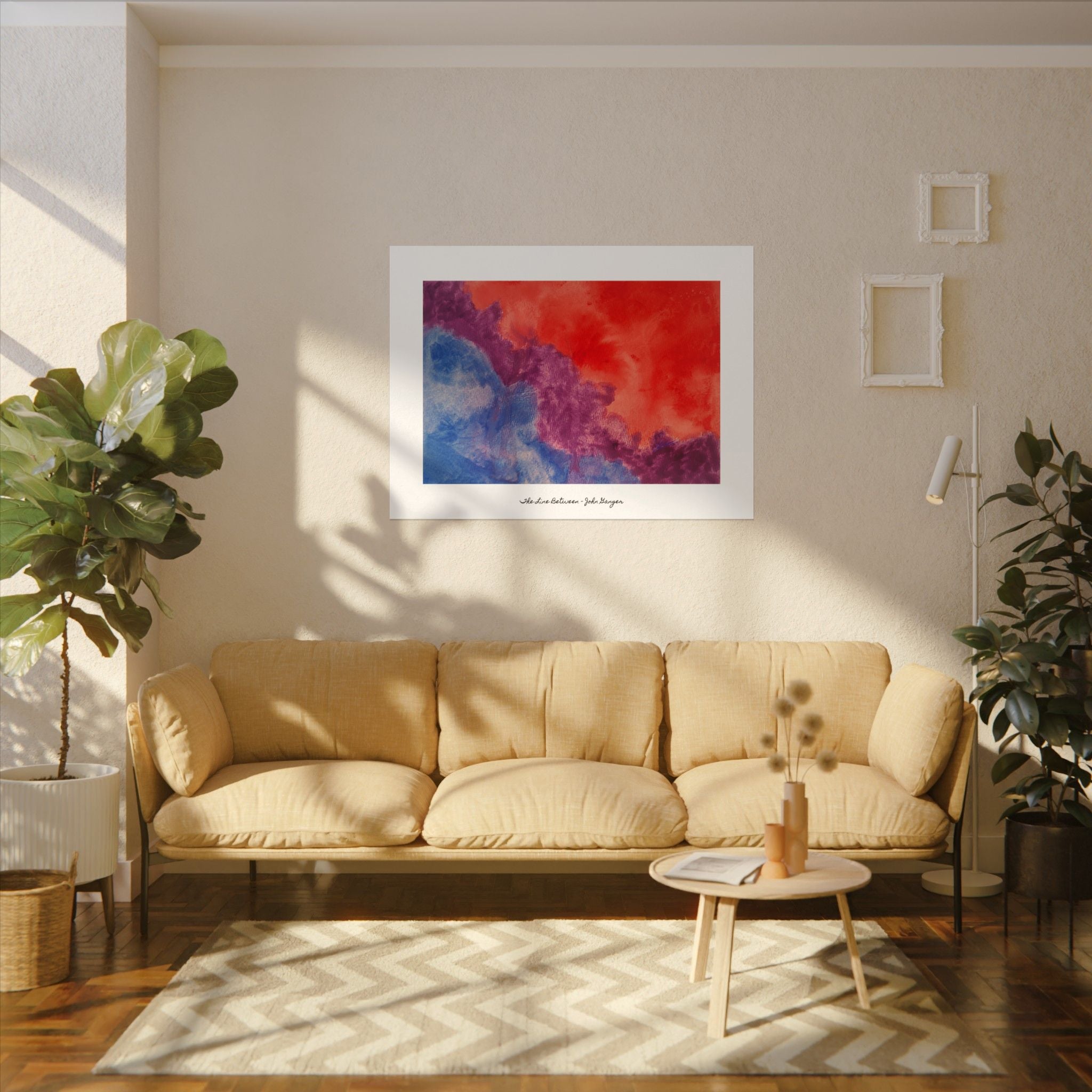Beige sofa in a living room with a colorful abstract painting on the wall.