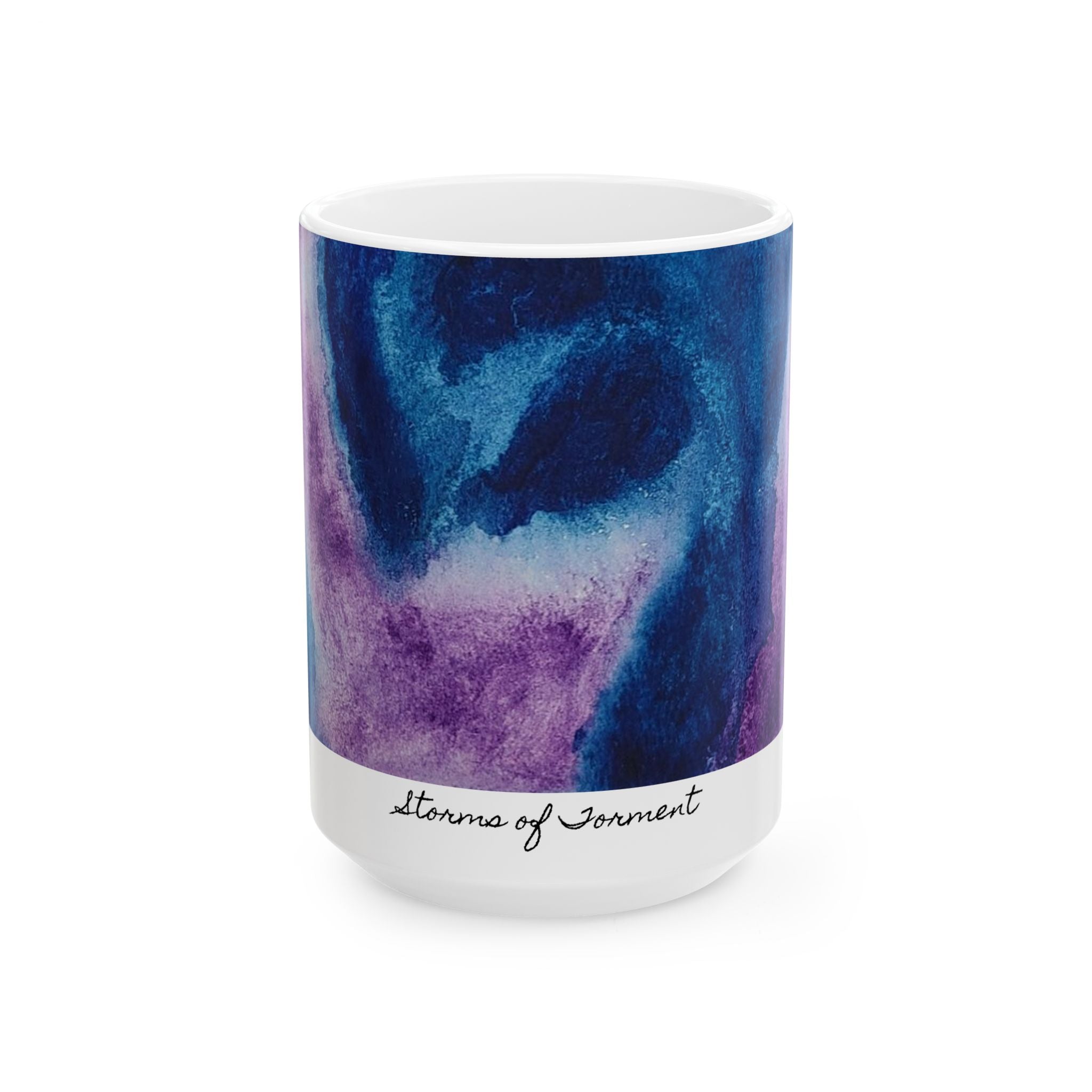 Mug with blue and purple abstract design on a white background. "Storms of Torment"