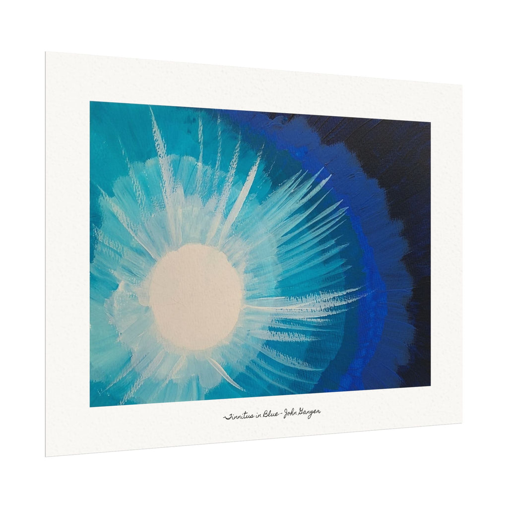 Framed abstract artwork with blue and white design on a white background
