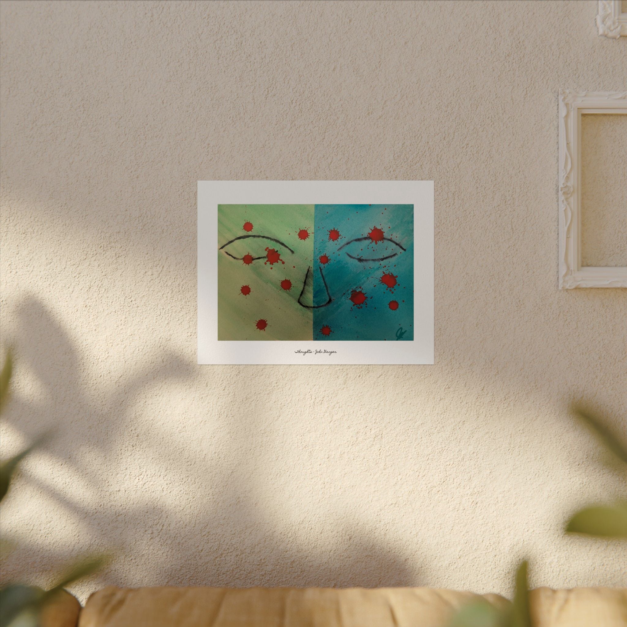Framed artwork with abstract design on a beige wall "Thoughts"