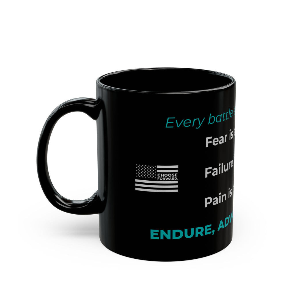 Choose Forward Black Mug — "Endure, Advance, Overcome"