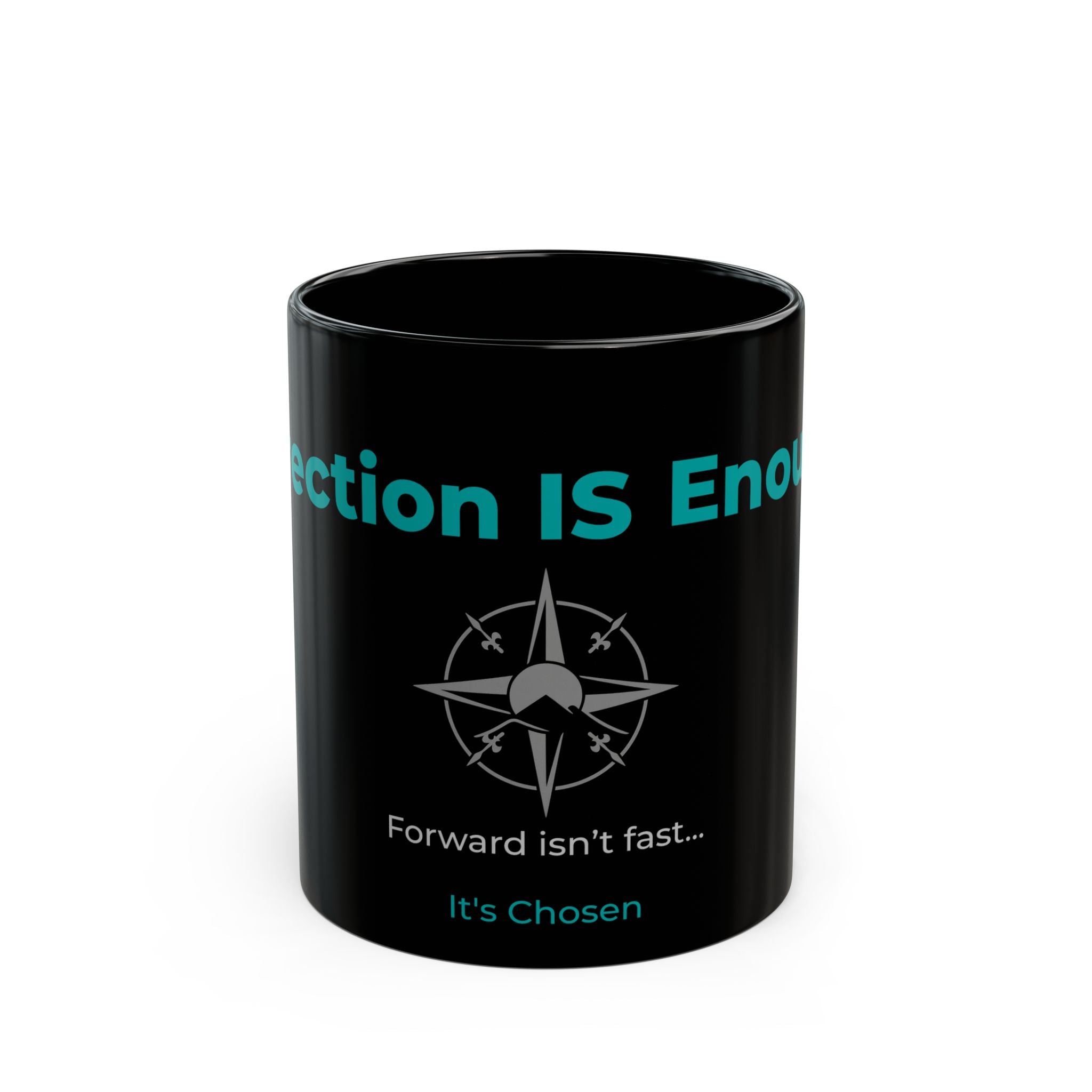 Choose Forward Black Mug — "Direction IS Enough"