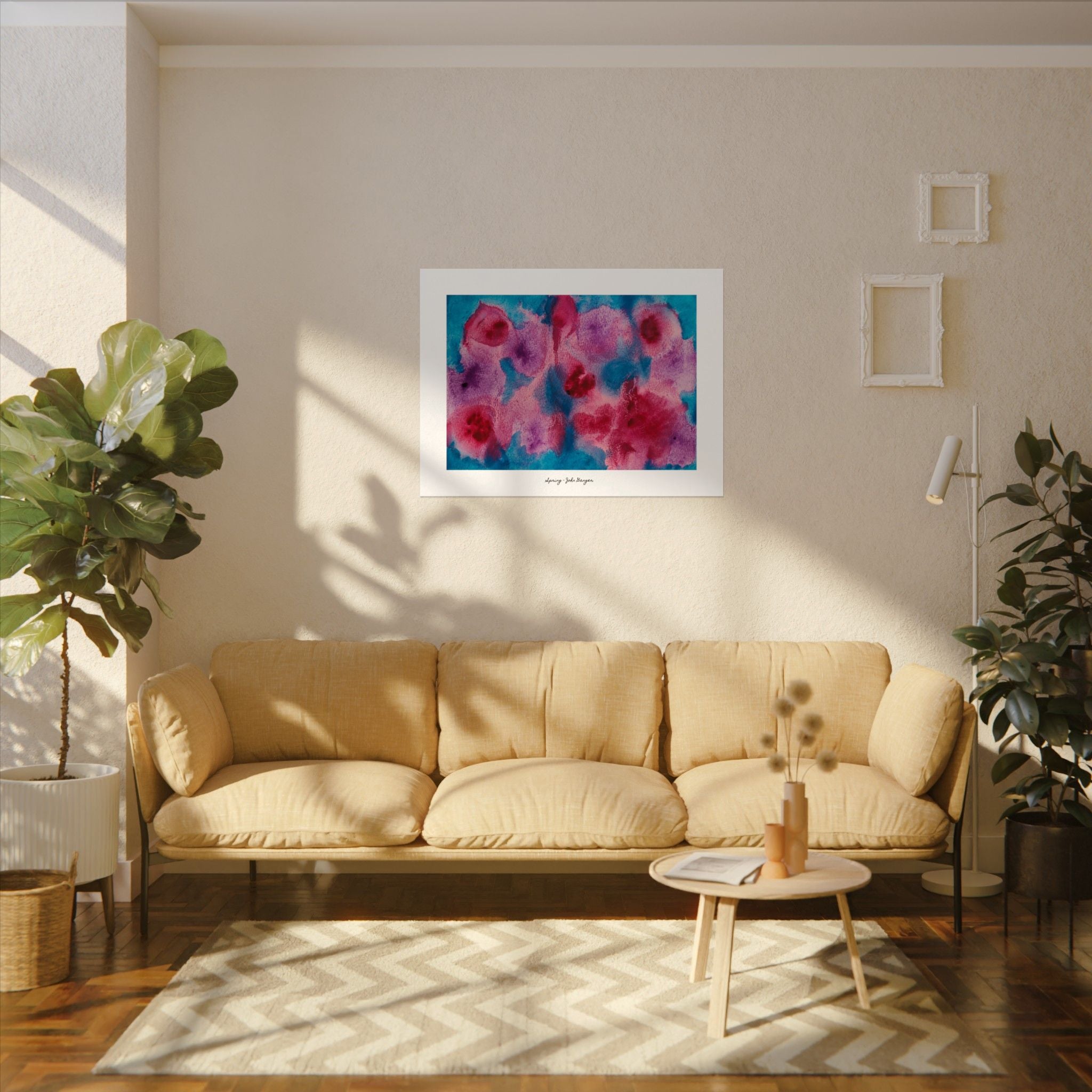 Living room with beige sofa, coffee table, and abstract floral artwork on the wall.