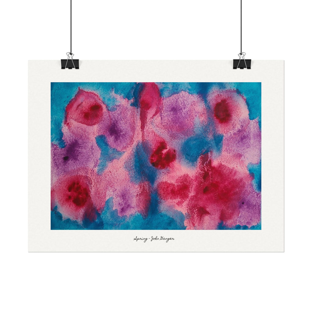 Art print with pink and blue abstract floral design on a white background