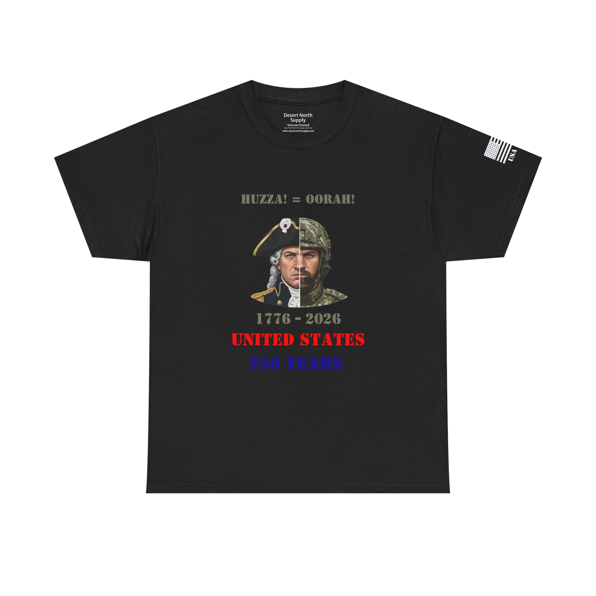 250 Years USA Split Era Military Tee — Revolutionary Soldier & Modern Operator (Huzza to Oorah)