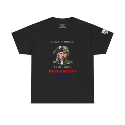 250 Years USA Split Era Military Tee — Revolutionary Soldier & Modern Operator (Huzza to Oorah)