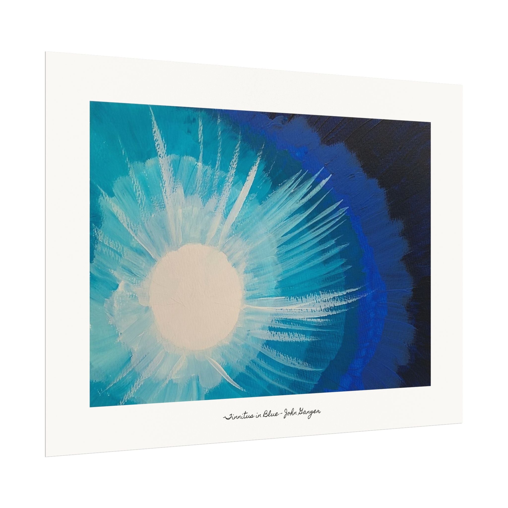 Framed artwork of a blue and white abstract design with 'Juno Berger' signature.