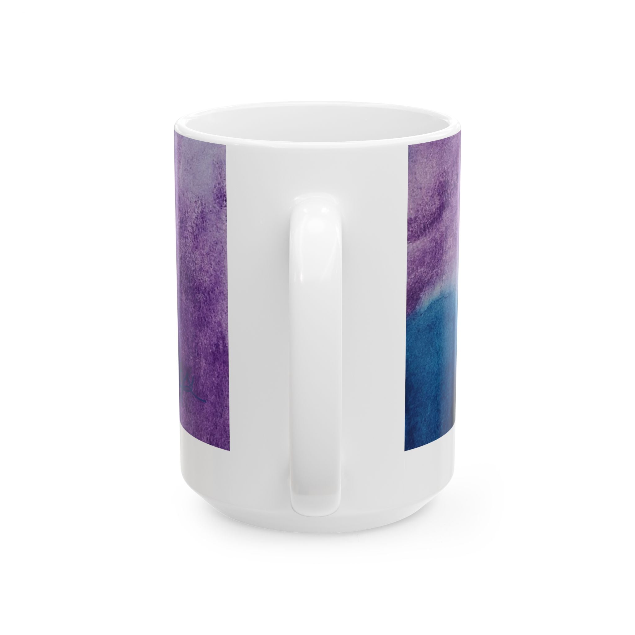 White mug with purple and blue abstract design on a white background. "Storms of Torment"