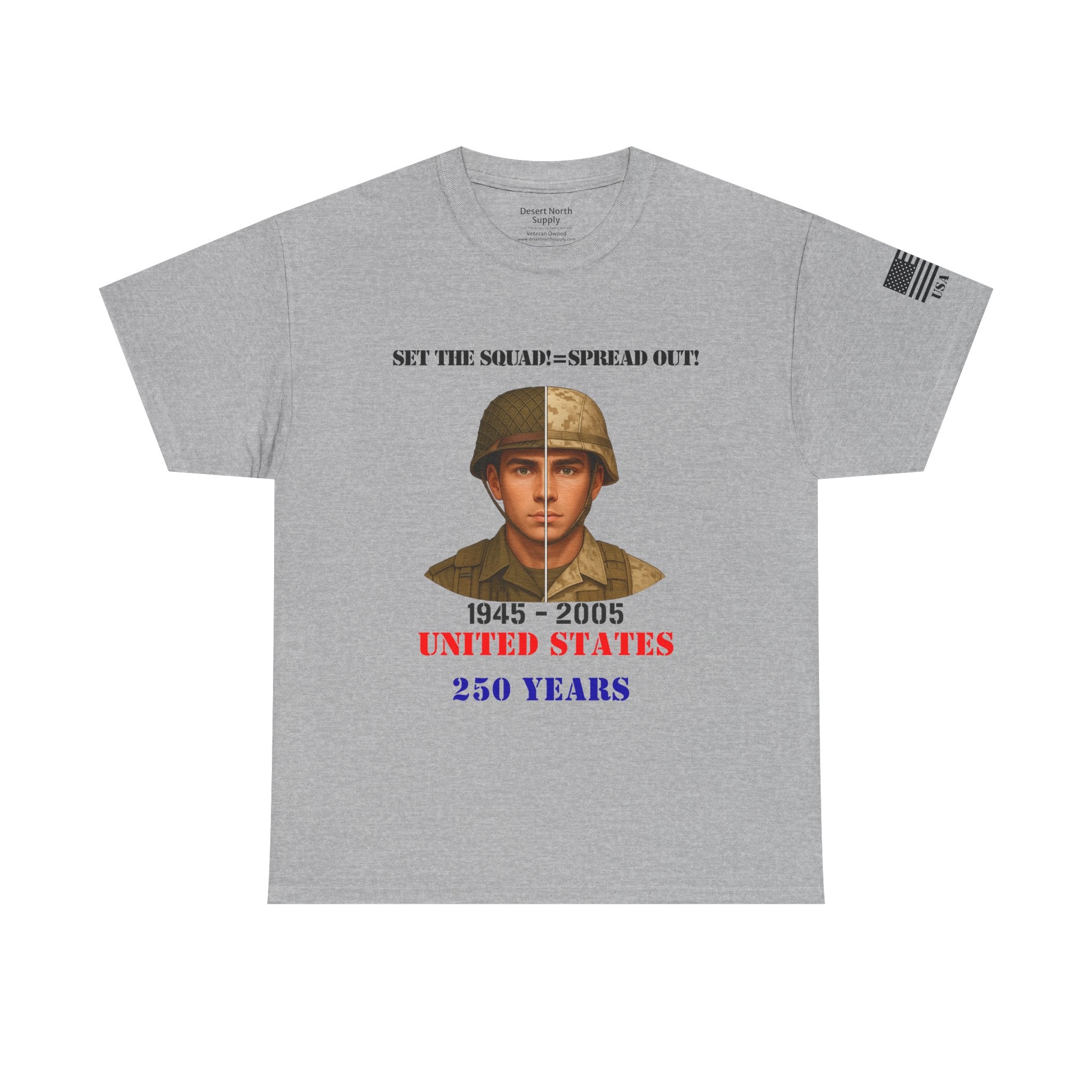 United States 250 Years Shirt 1945–2005 Split-Era Soldier WWII to Modern Military History T-Shirt