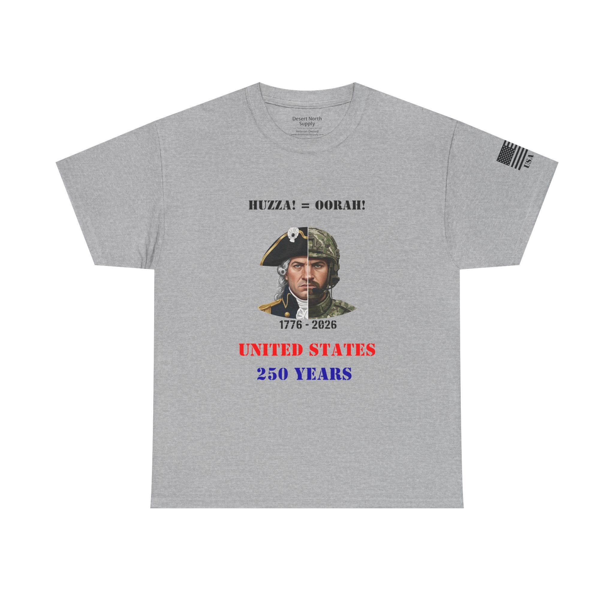 250 Years USA Split Era Military Tee — Revolutionary Soldier & Modern Operator (Huzza to Oorah)