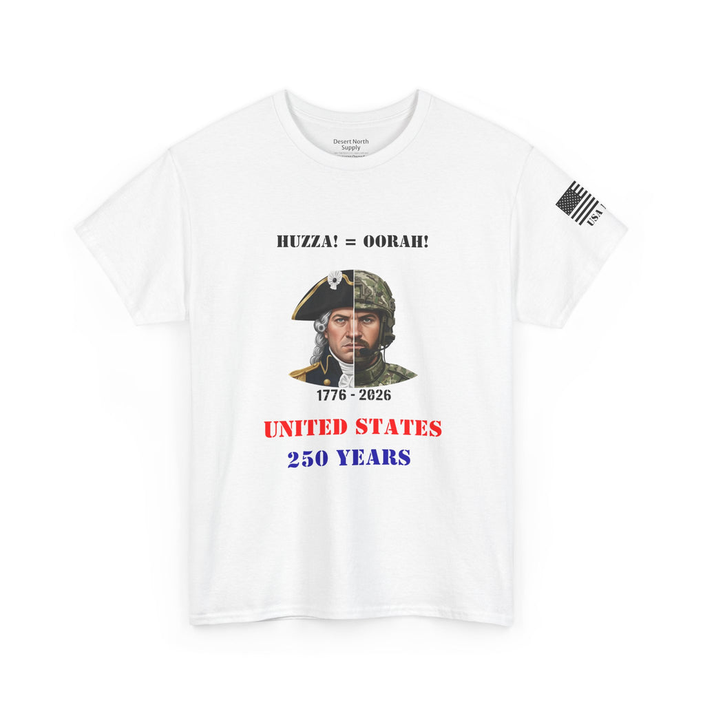 250 Years USA Split Era Military Tee — Revolutionary Soldier & Modern Operator (Huzza to Oorah)