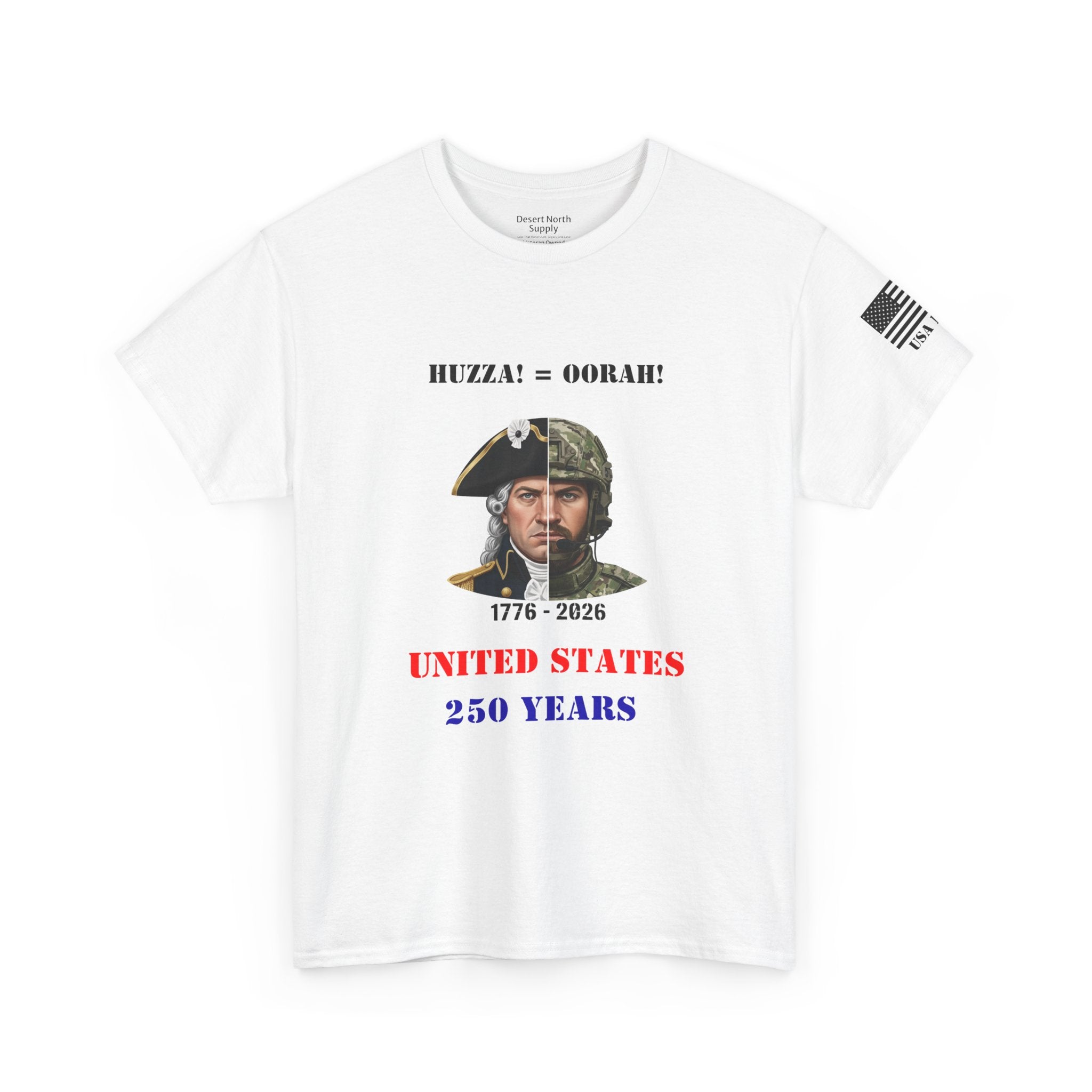 250 Years USA Split Era Military Tee — Revolutionary Soldier & Modern Operator (Huzza to Oorah)