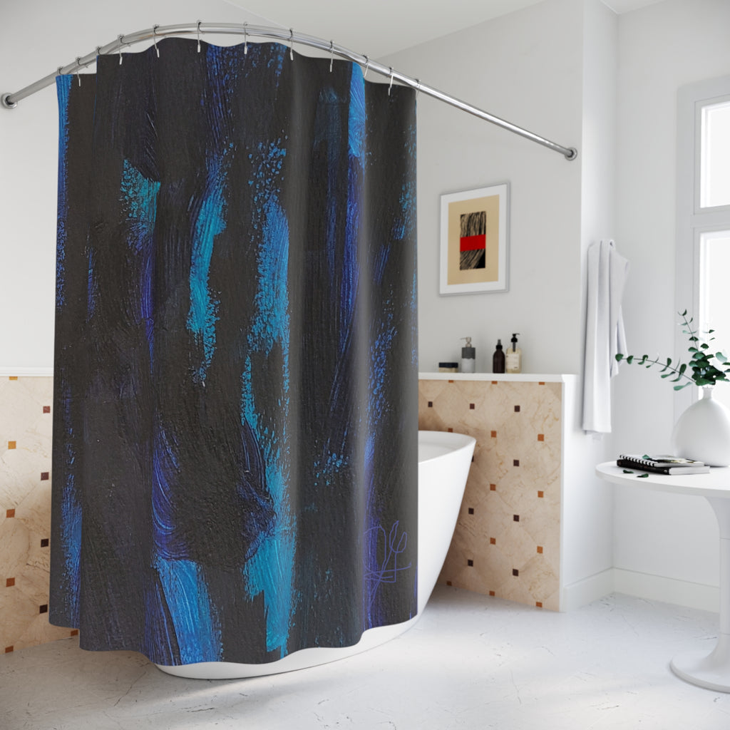 Blue Abstract Brushstroke Shower Curtain — Dark Teal & Navy Bath Decor
