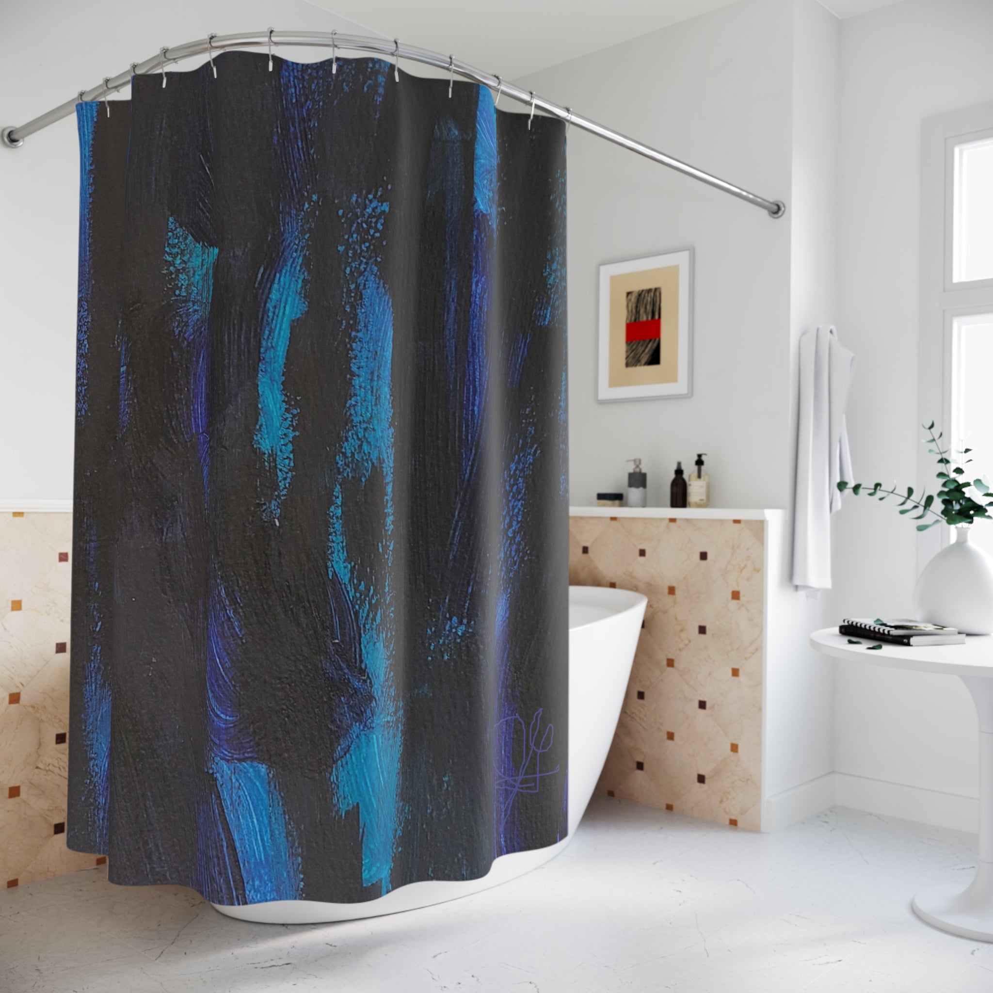 Blue Abstract Brushstroke Shower Curtain — Dark Teal & Navy Bath Decor