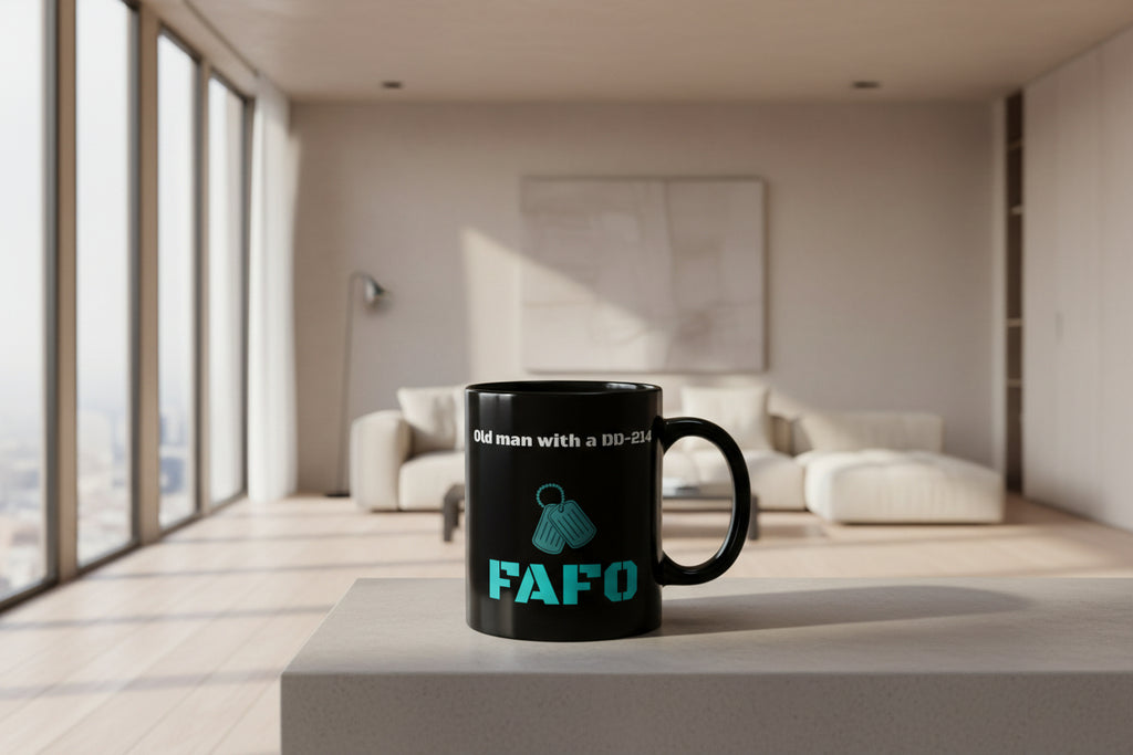 Black Mug with FAFO and dog tags
