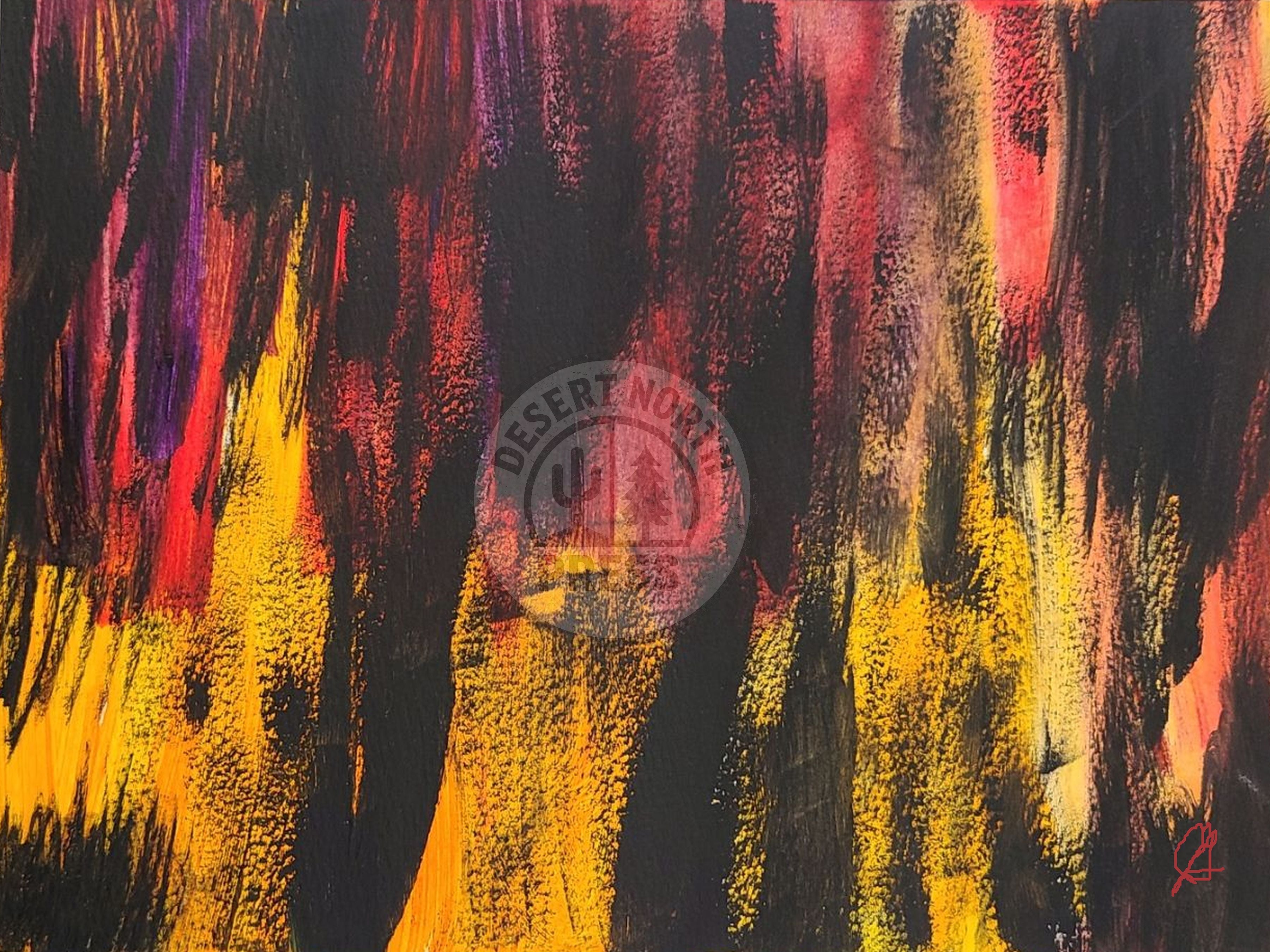 Abstract art with vibrant colors and a visible brand logo in the center.