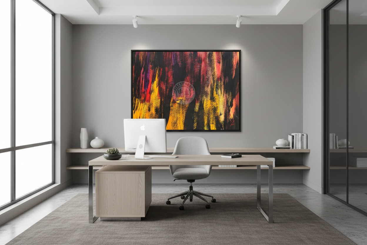 Abstract art with vibrant colors and a visible brand logo in the center.